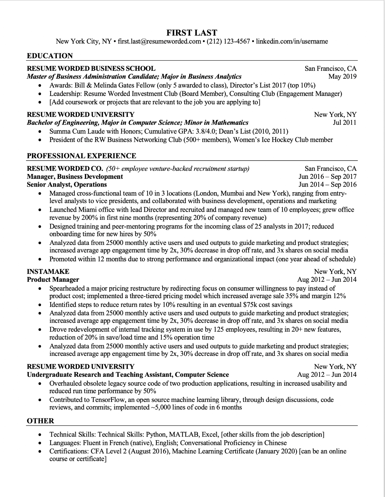 Screenshot of a resume template that is ATS-compatible for Students - Preview Two