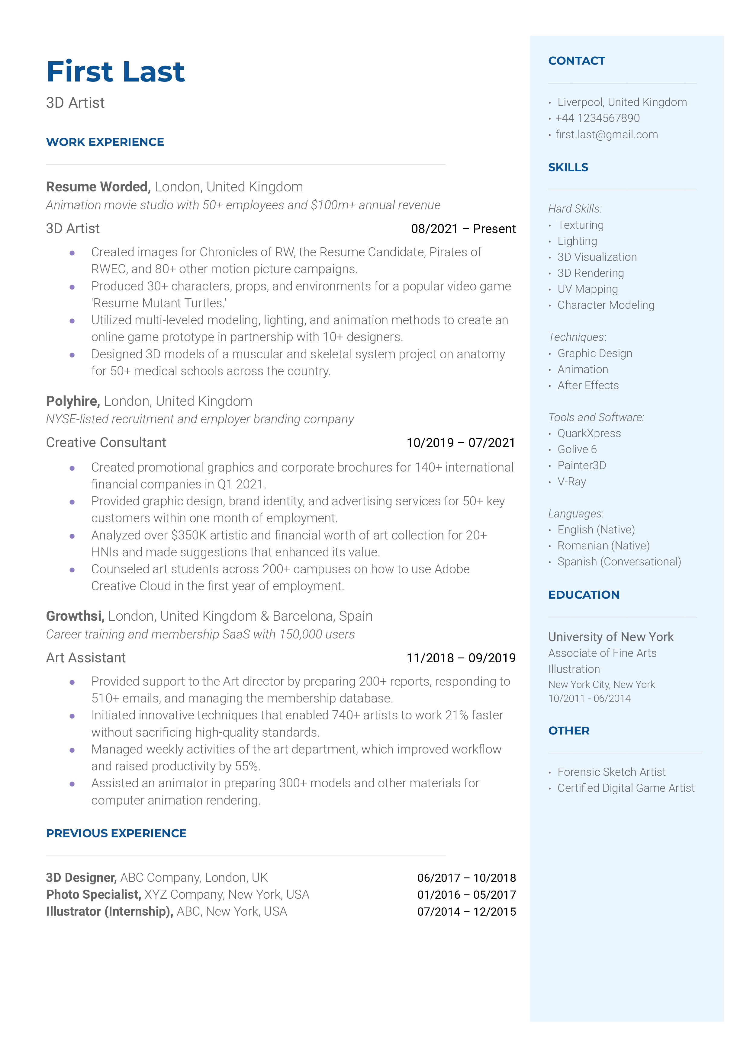 3D Artist Resume Sample
