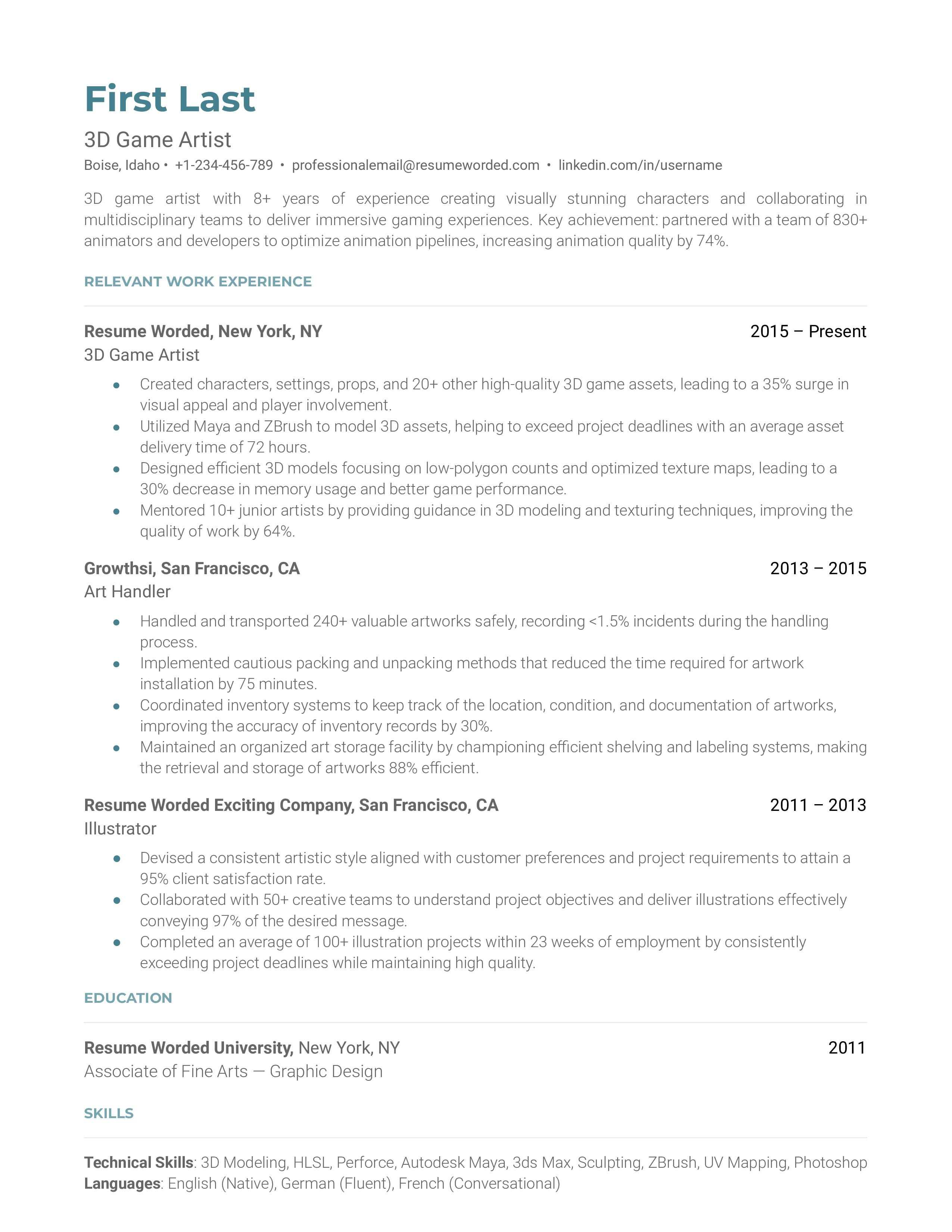 3D Game Artist Resume Sample