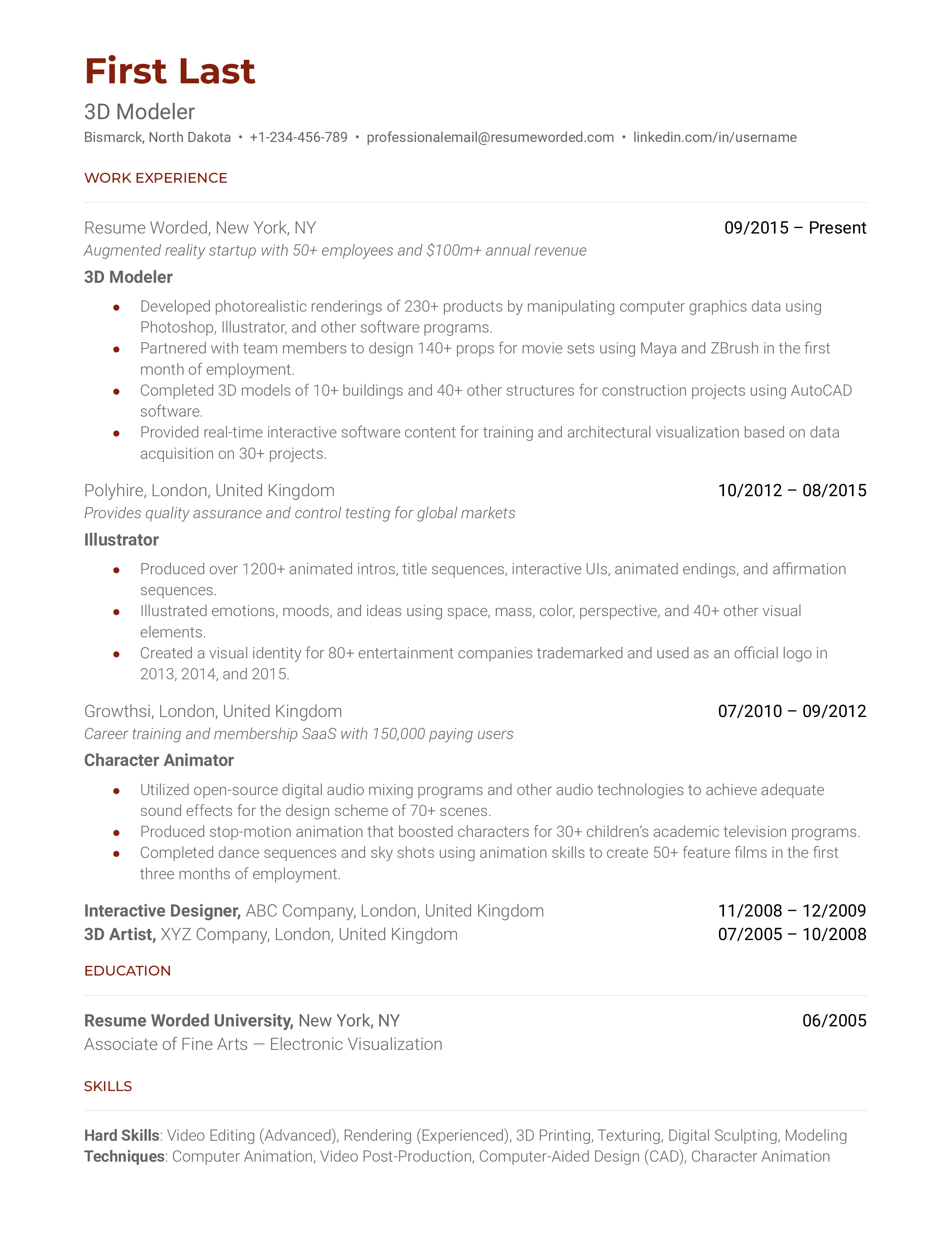 3D Modeler Resume Sample