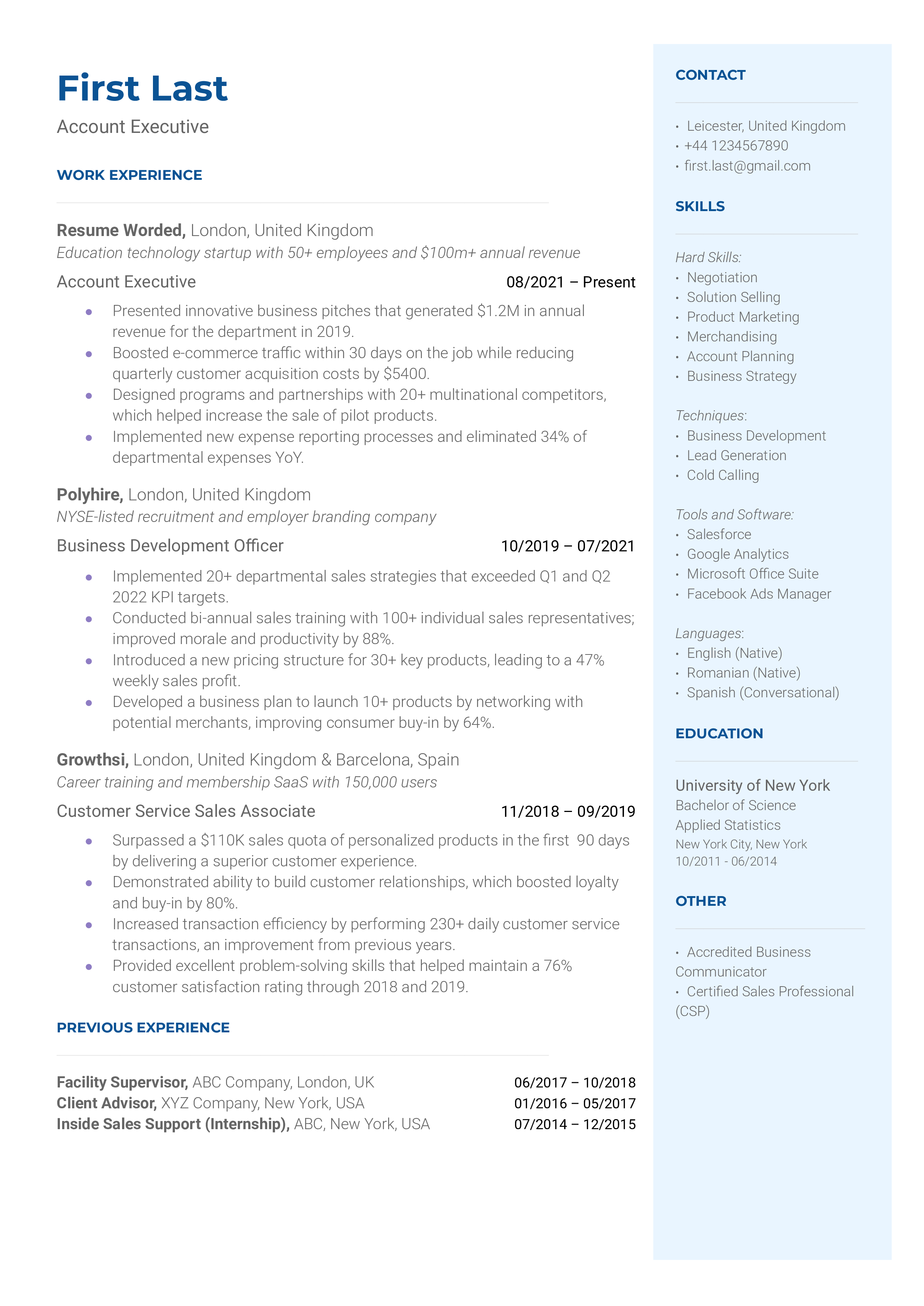 Account Executive Resume Sample