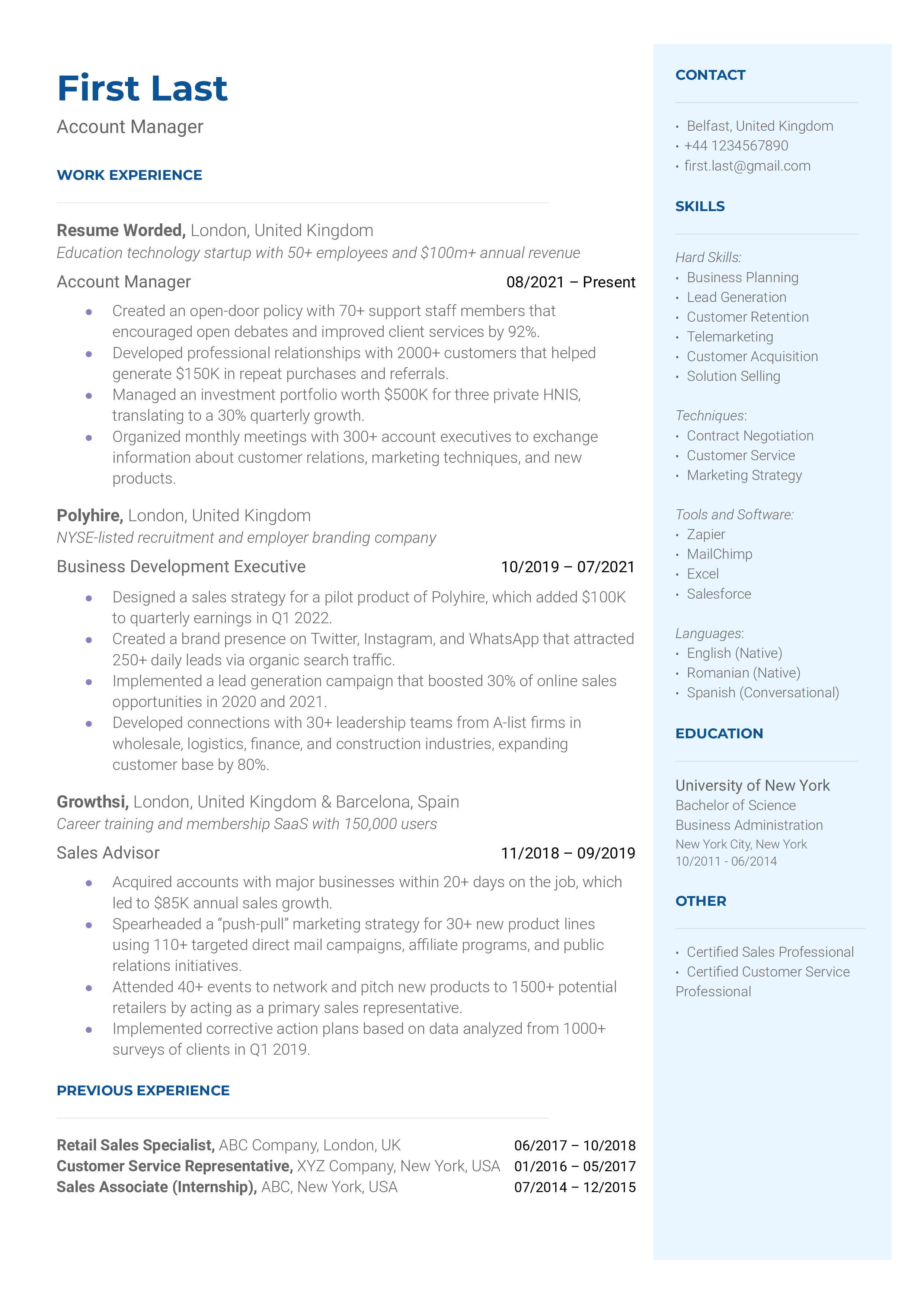 Account Manager Resume Sample