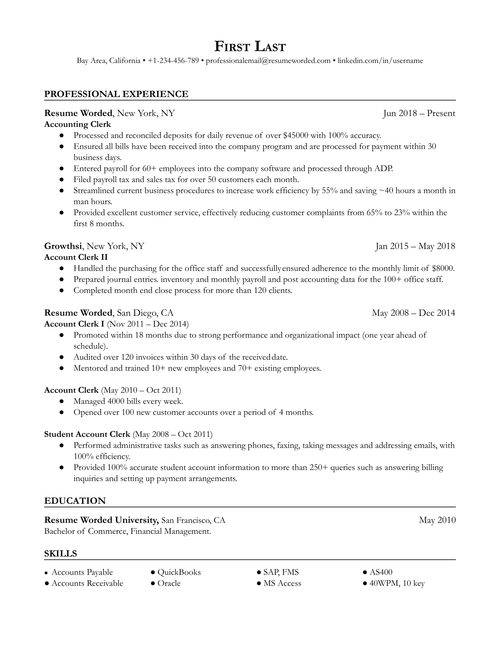 Accounting Clerk Resume Sample Accounting clerk resume with relevant work experience and strong action verbs