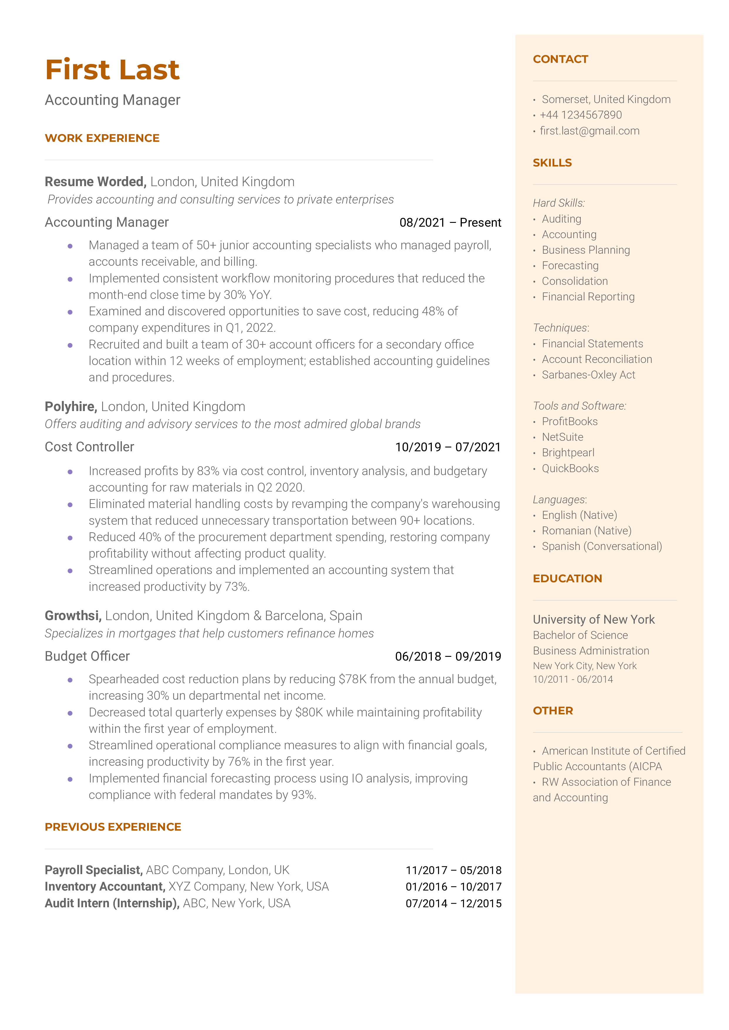 Accounting Manager Resume Sample