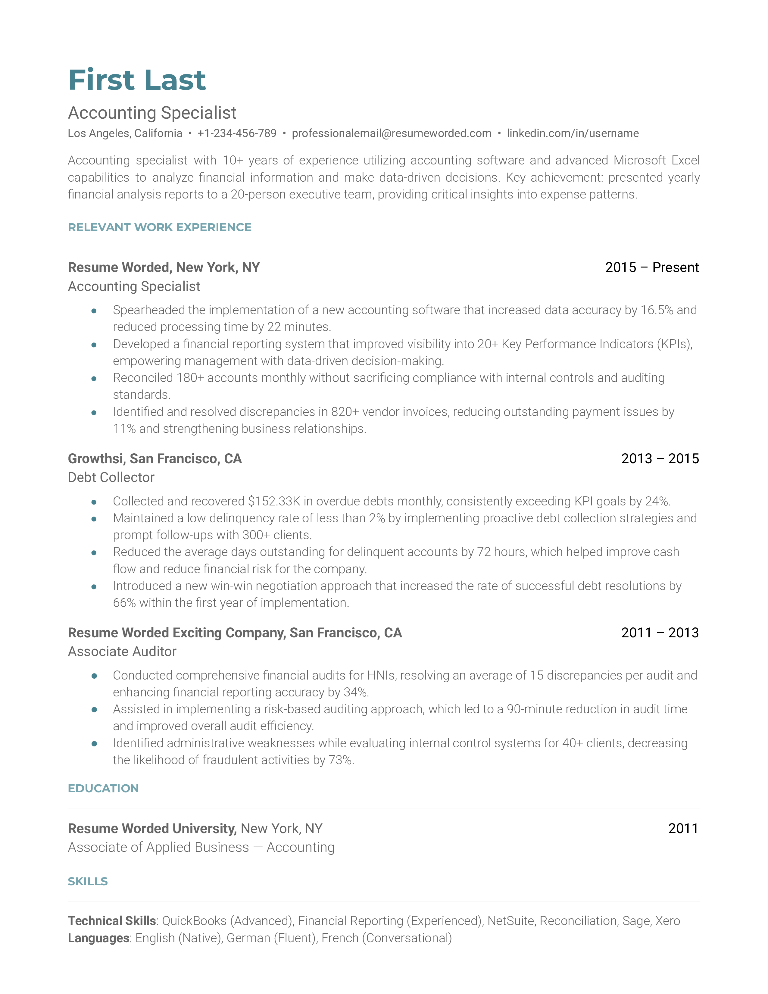Accounting Specialist Resume Sample