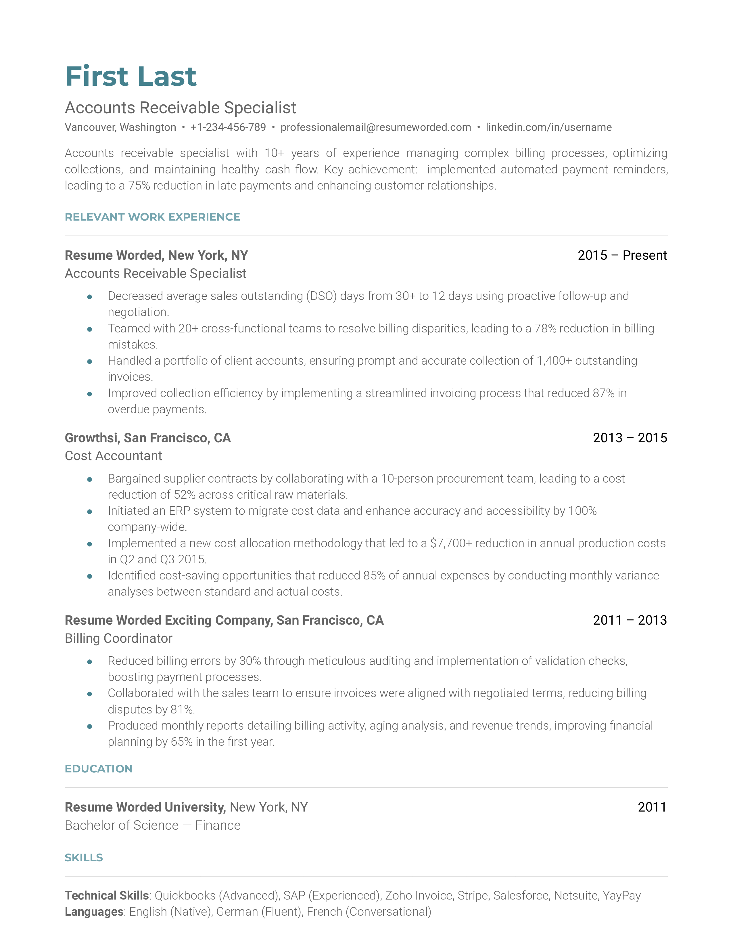 Accounts Receivable Resume Sample