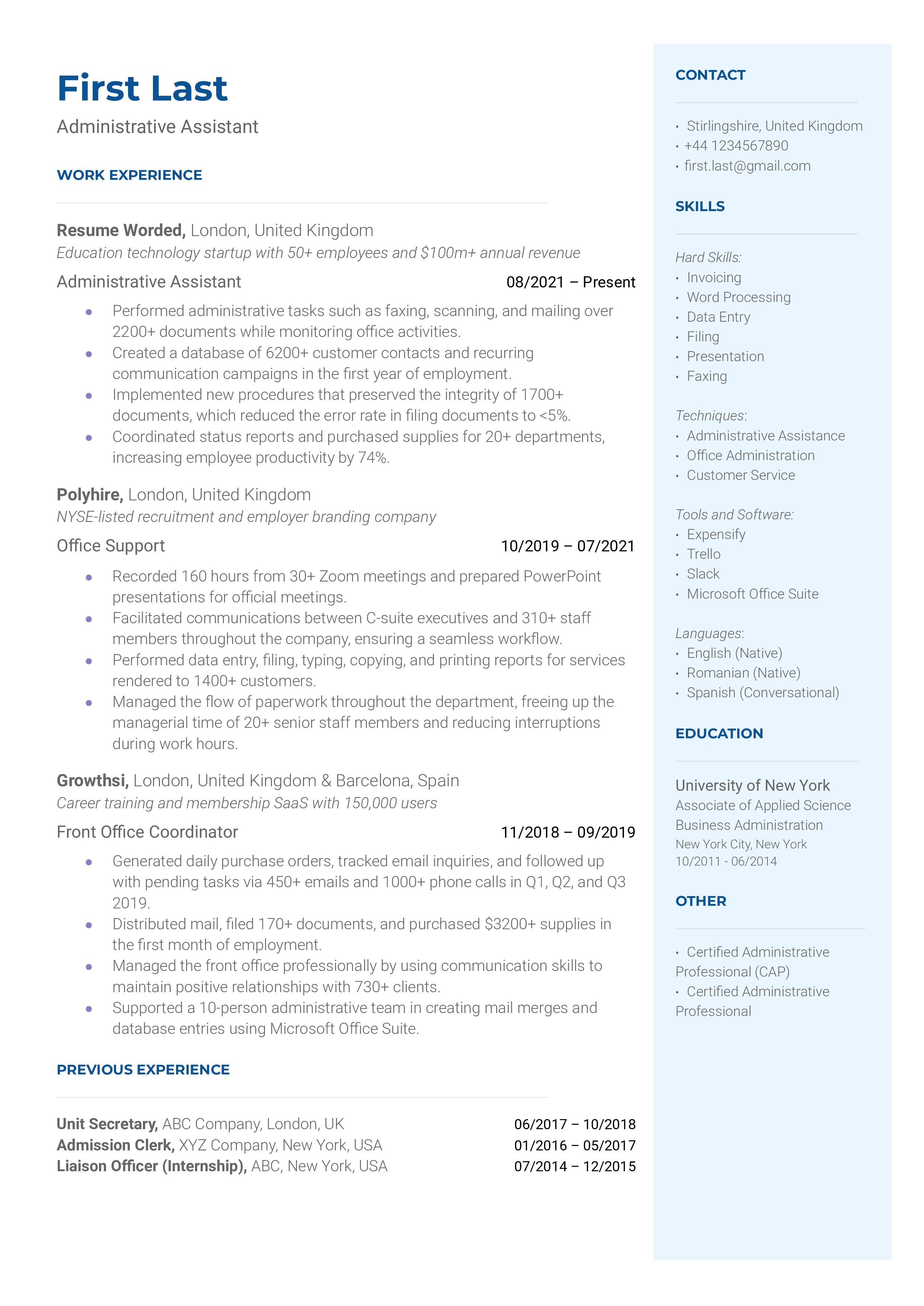 Administrative Assistant Resume Sample