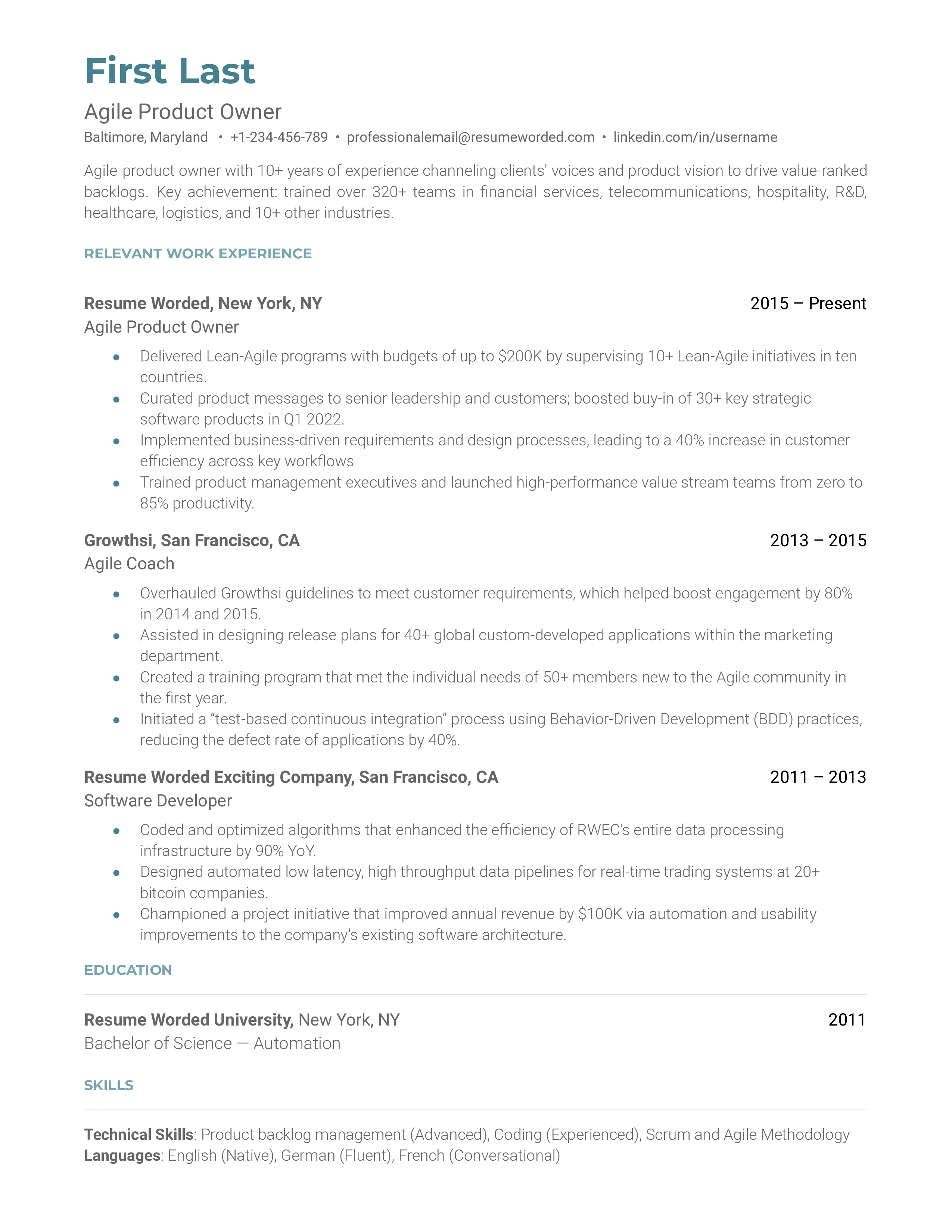 Agile Product Owner Resume Sample