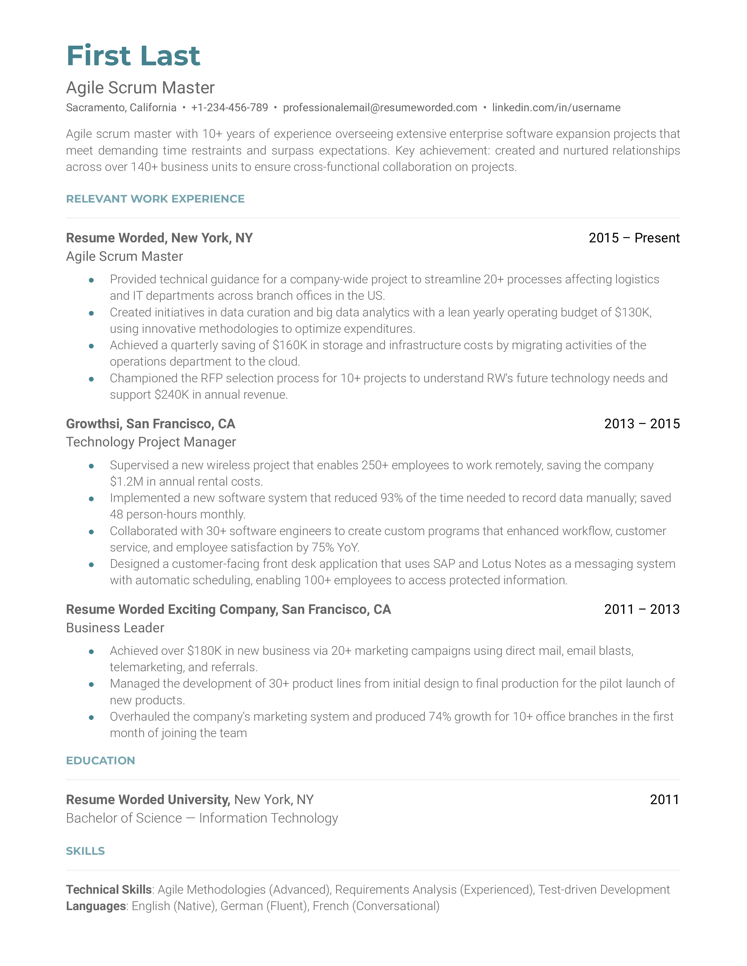 Agile Scrum Master Resume Sample