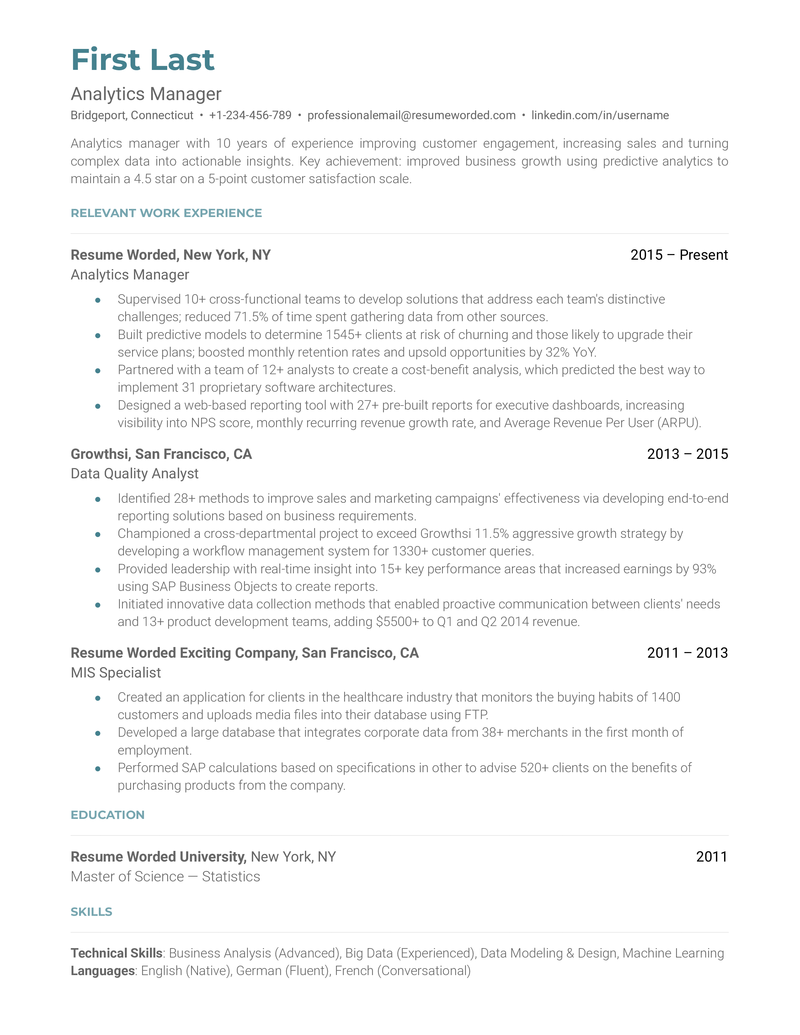 Analytics Manager Resume Sample