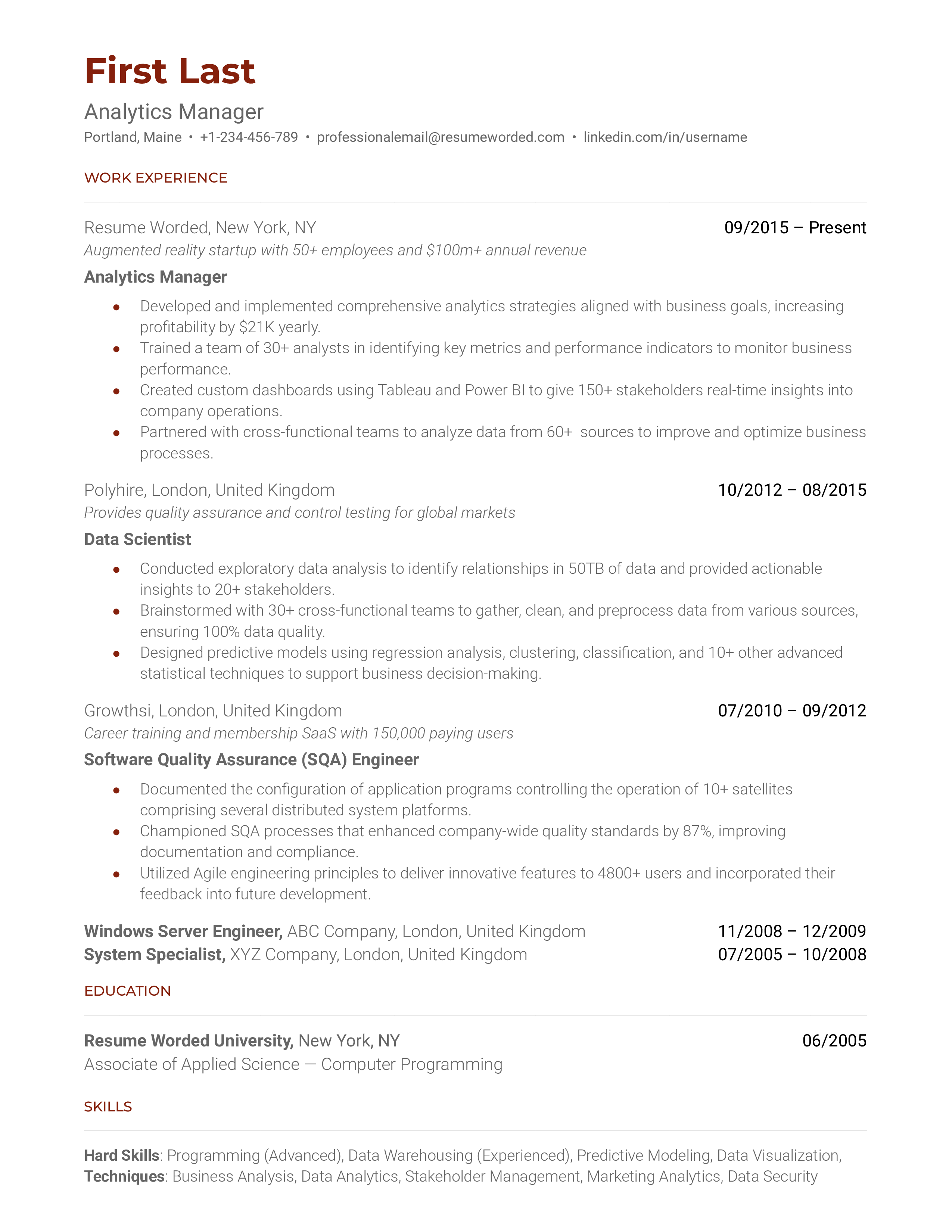 Analytics Manager Resume Sample