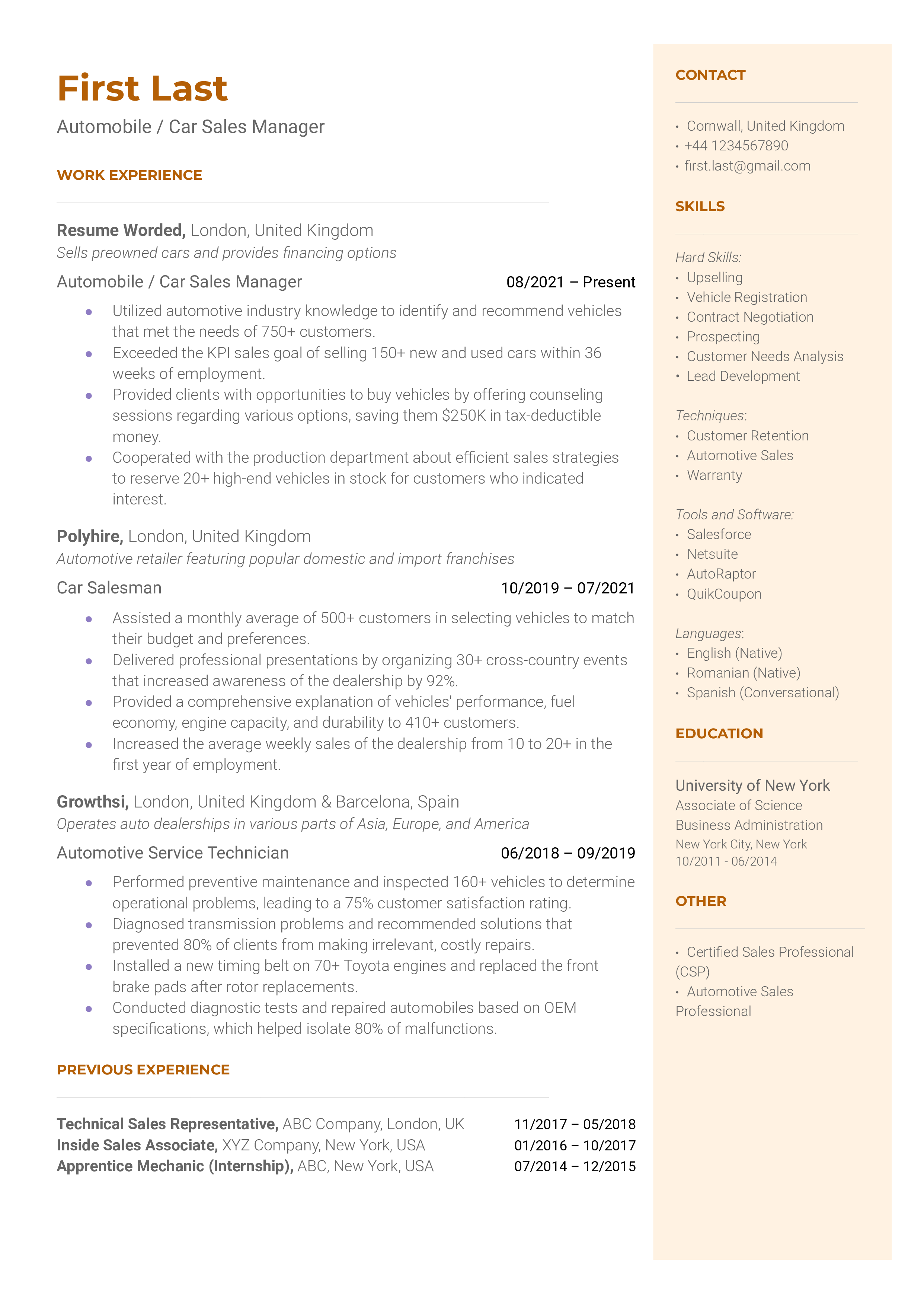 Automobile / Car Sales Manager Resume Sample