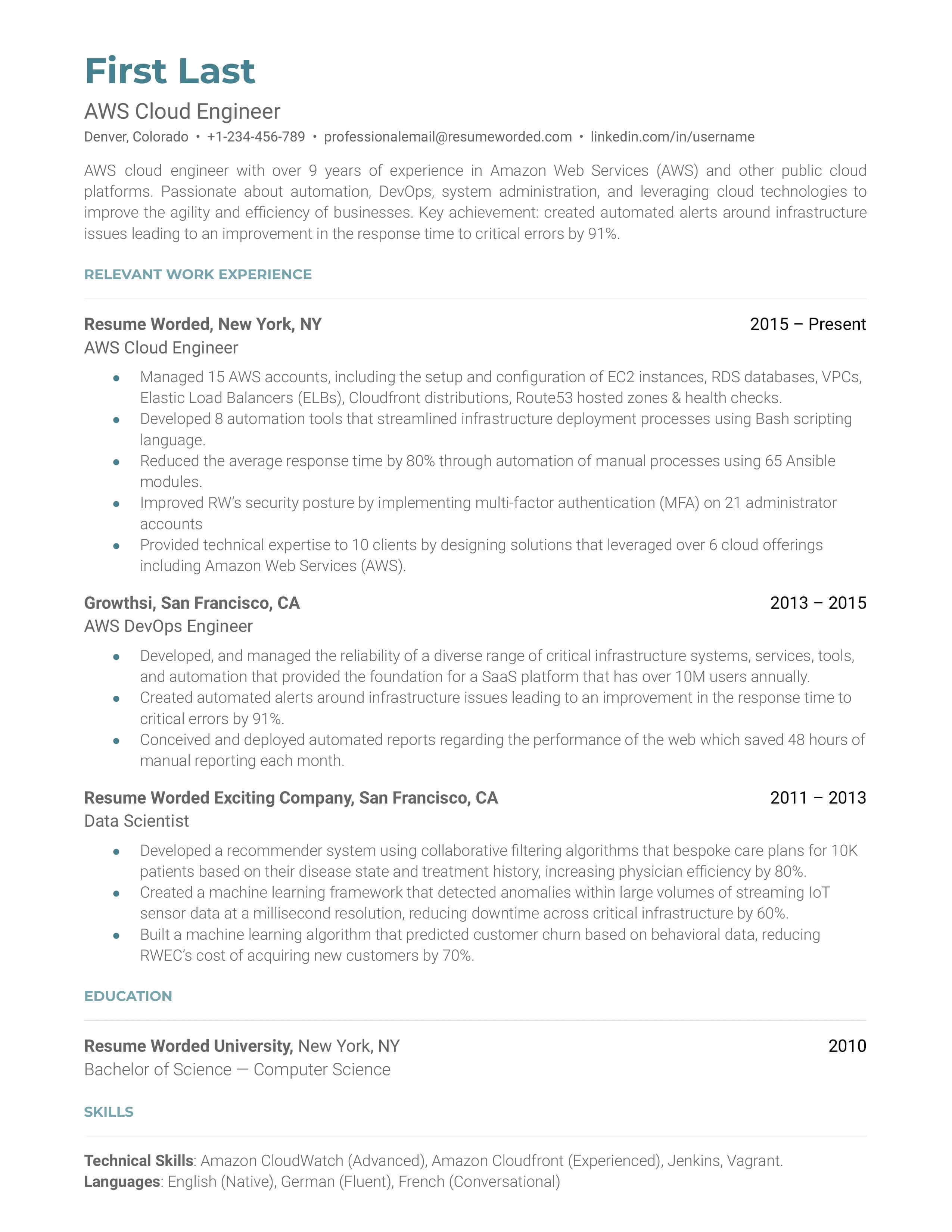 AWS Cloud Engineer Resume Sample
