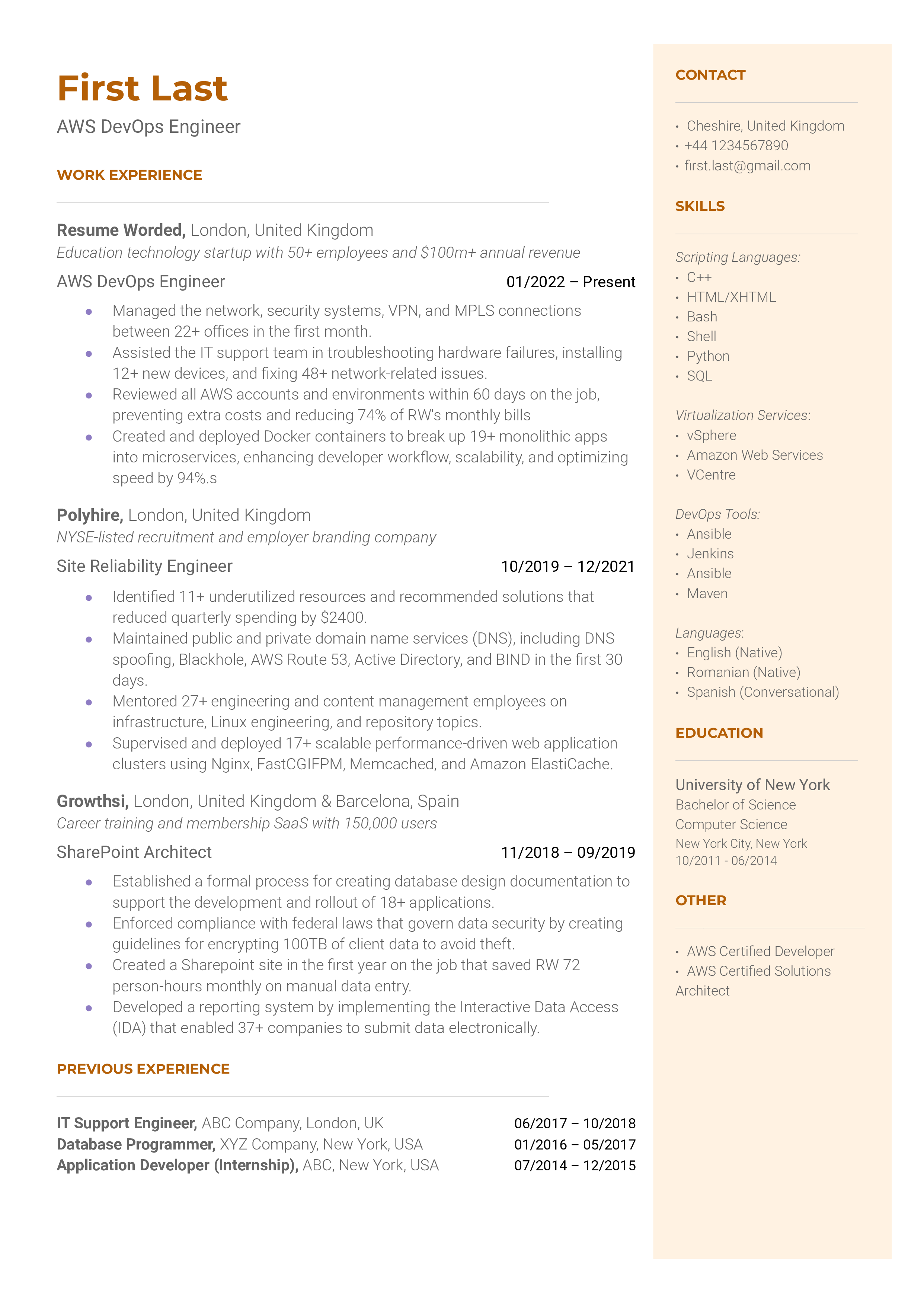 AWS DevOps Engineer Resume Sample