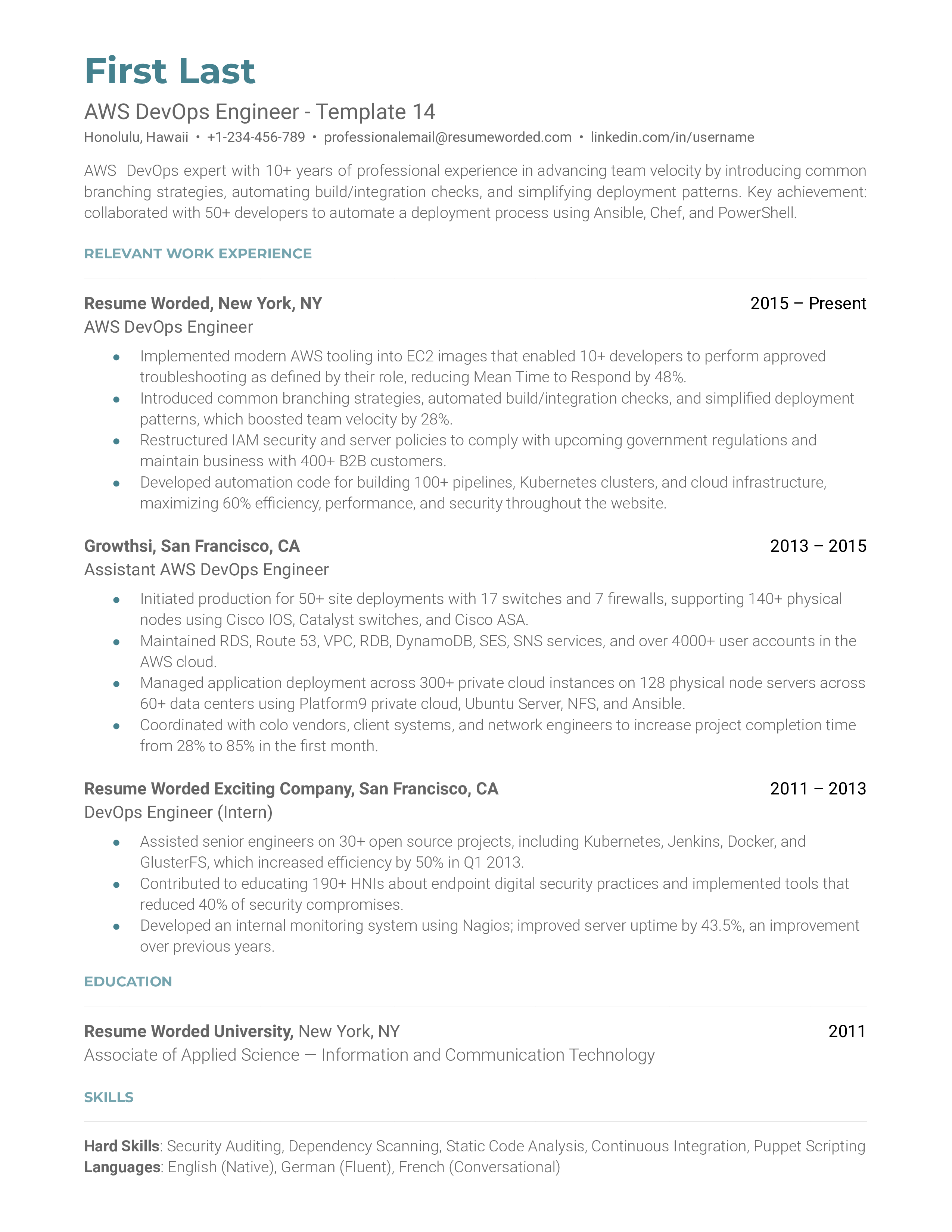 AWS DevOps Engineer Resume Sample