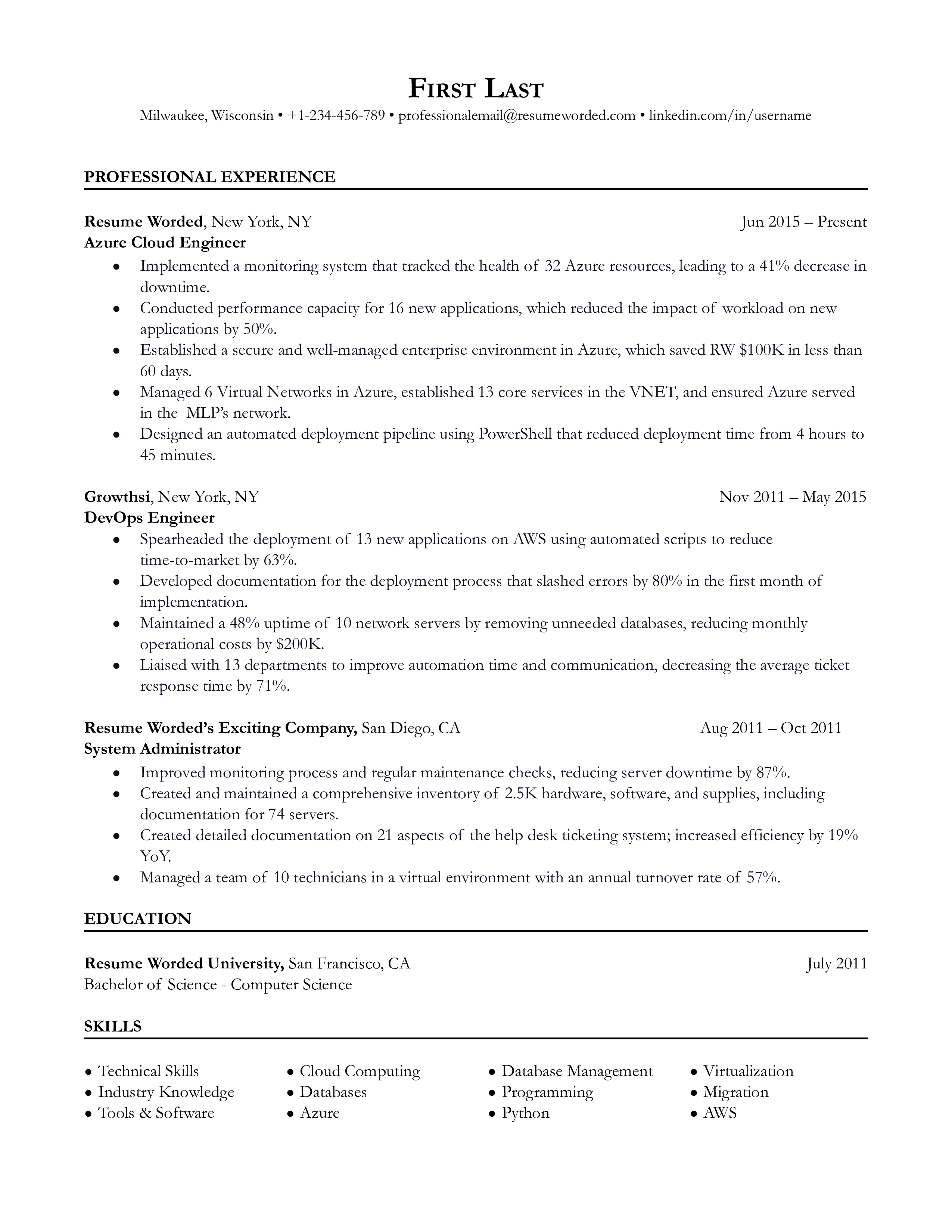 Azure Cloud Engineer Resume Sample
