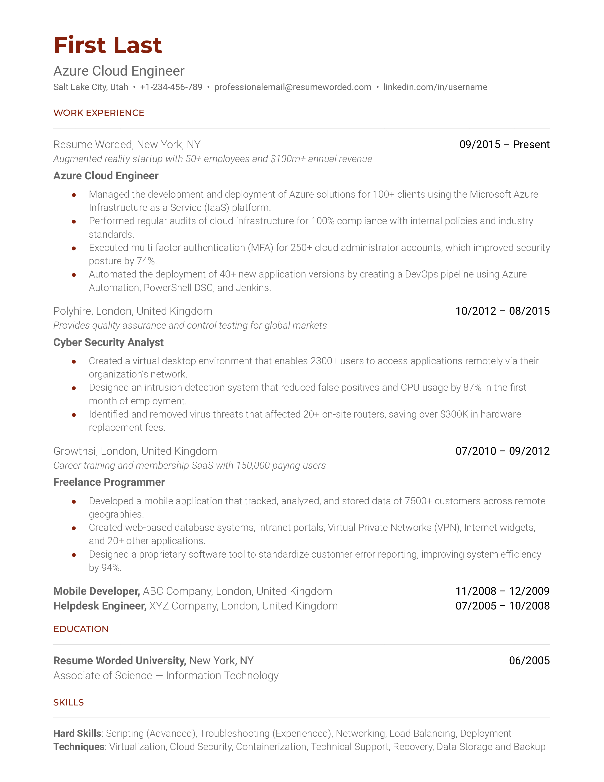 Azure Cloud Engineer Resume Sample