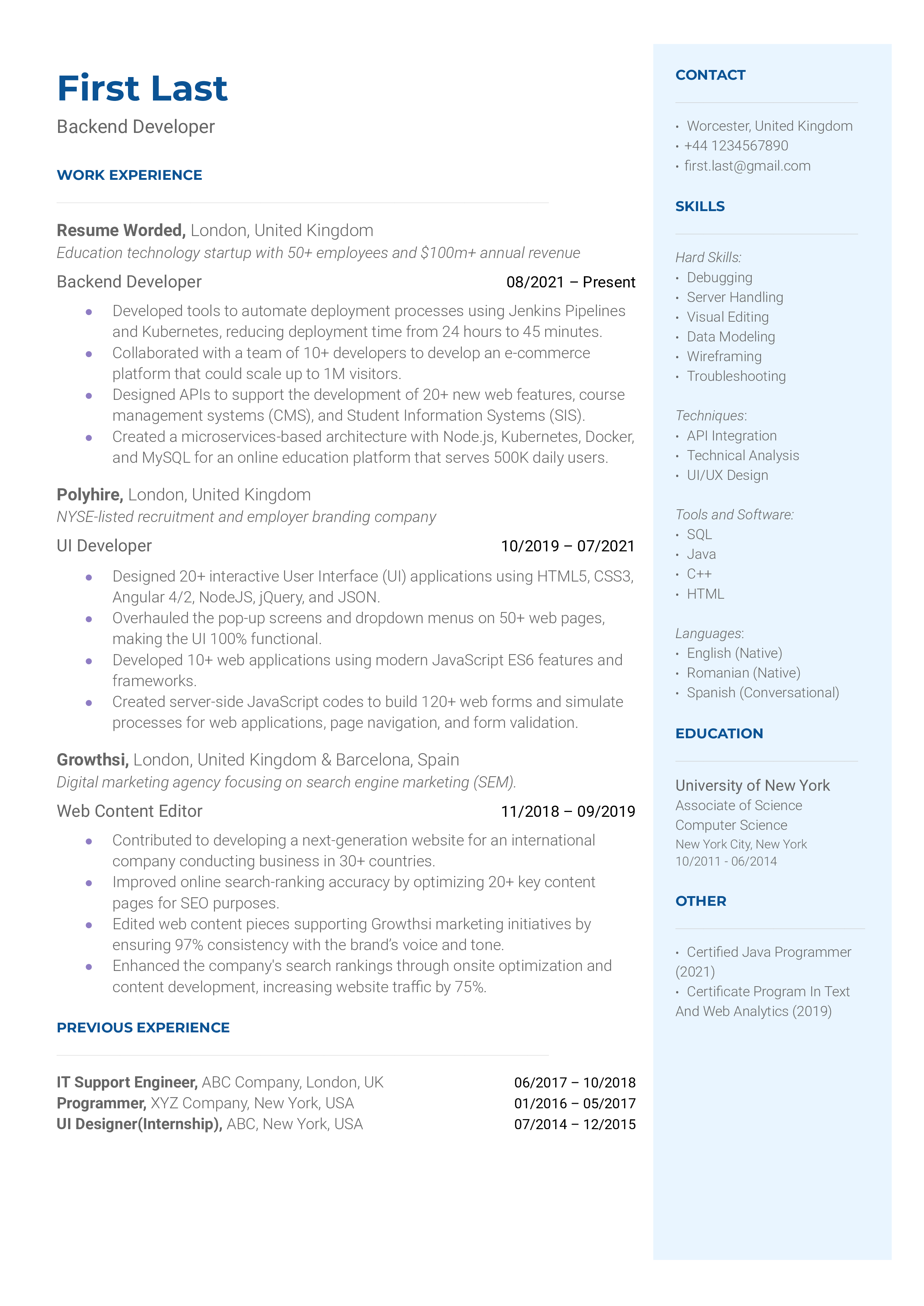 Backend Developer Resume Sample
