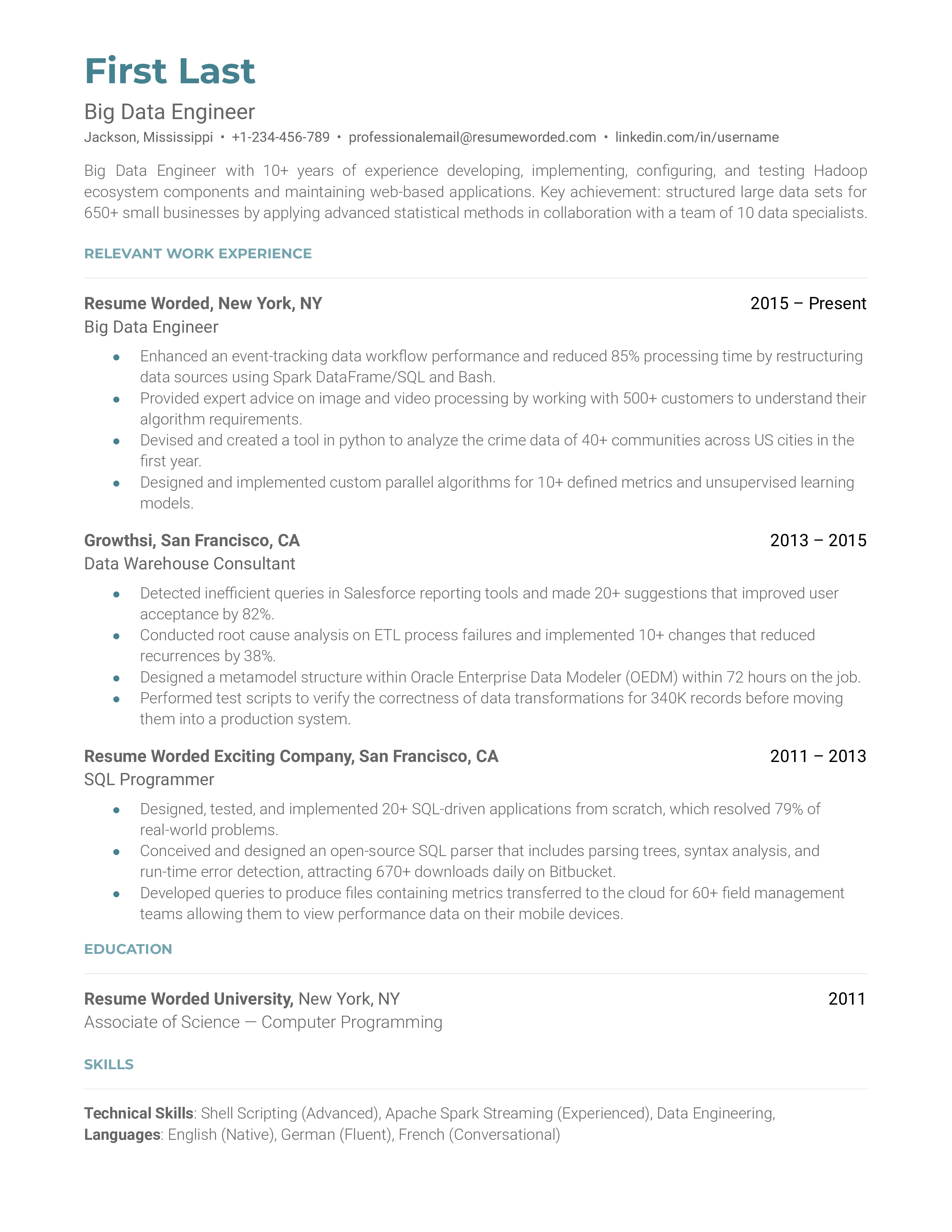 Big Data Engineer Resume Sample