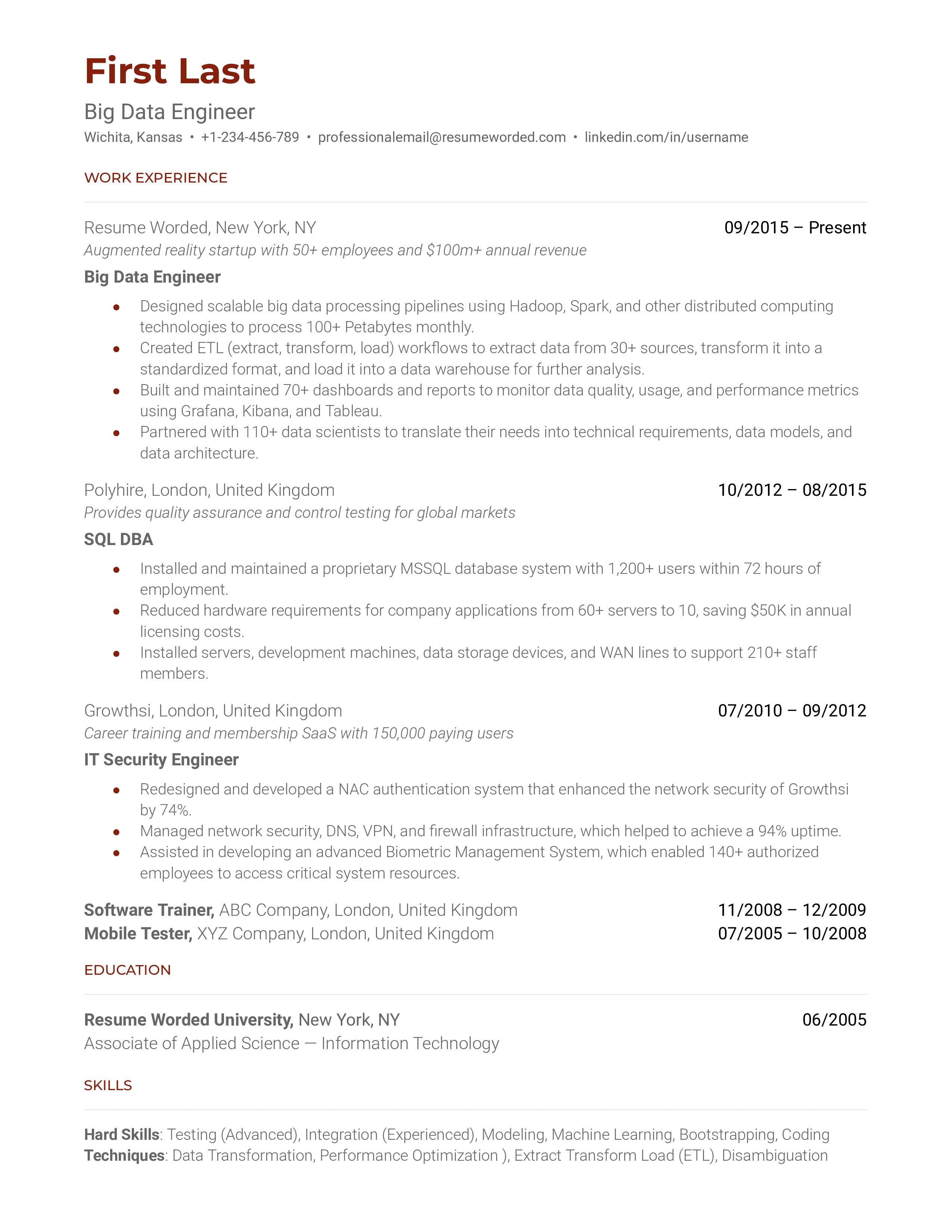 Big Data Engineer Resume Sample