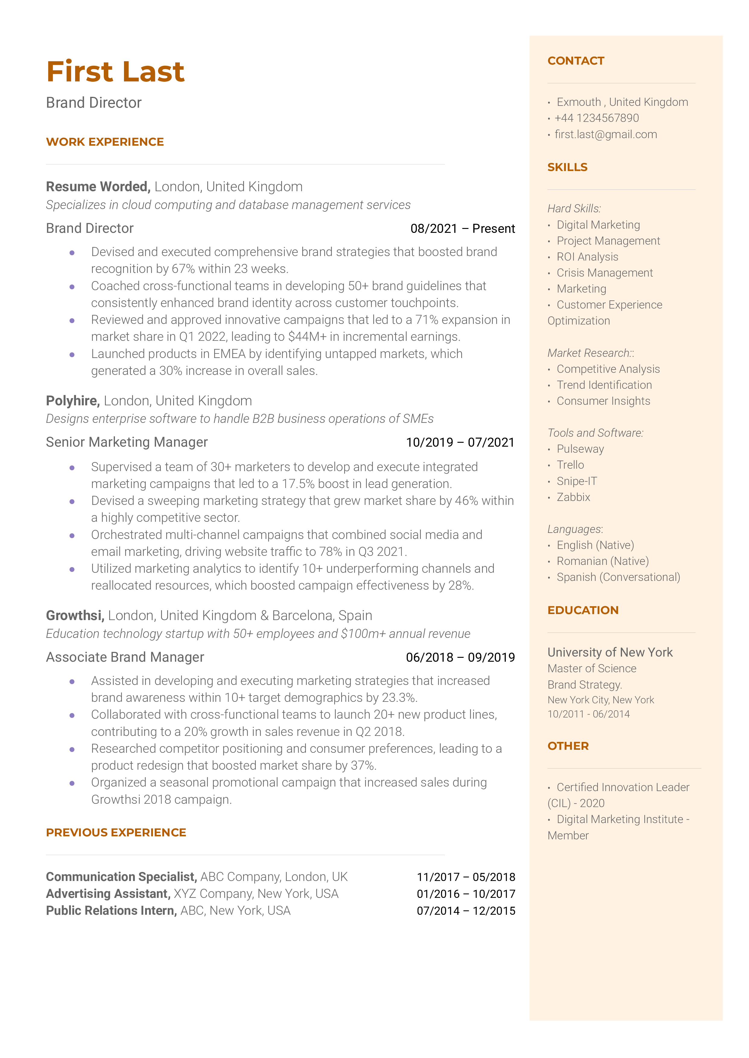 Brand Director Resume Sample