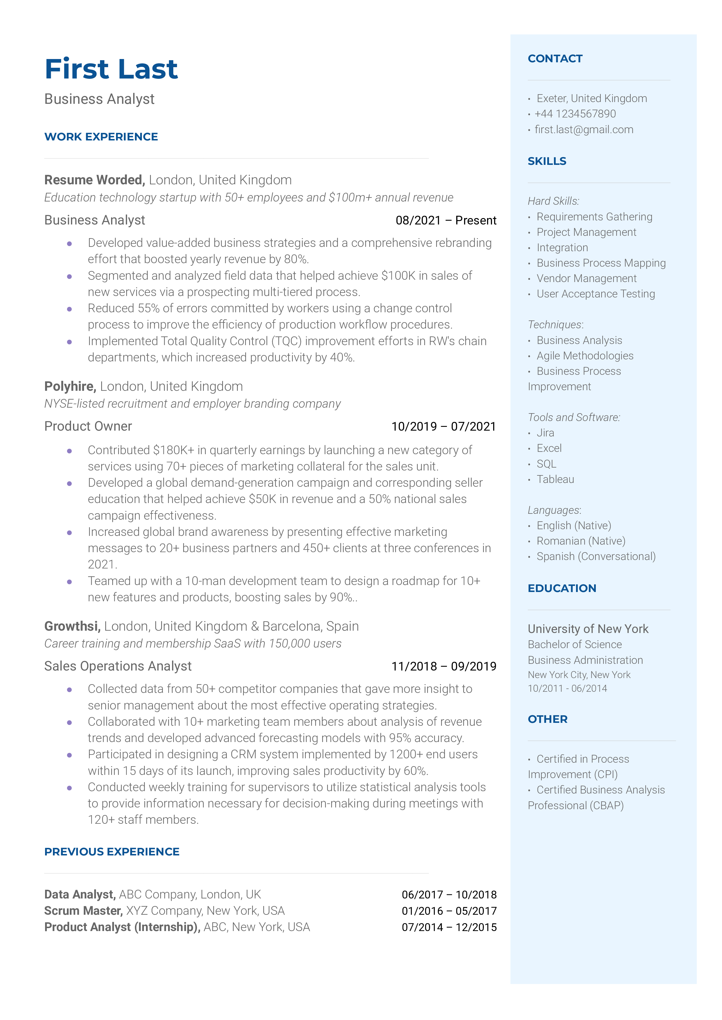 Business Analyst Resume Sample