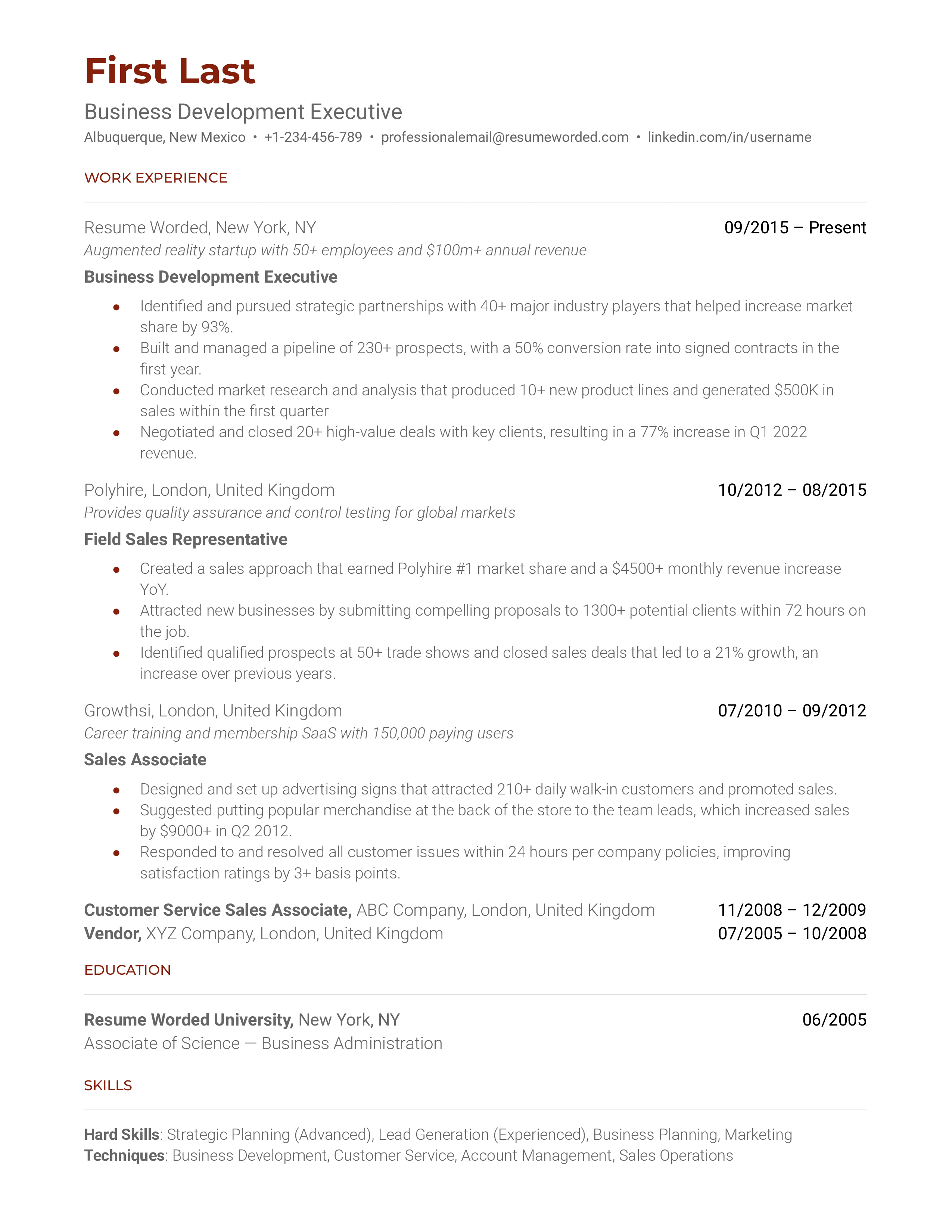 Business Development Executive Resume Sample