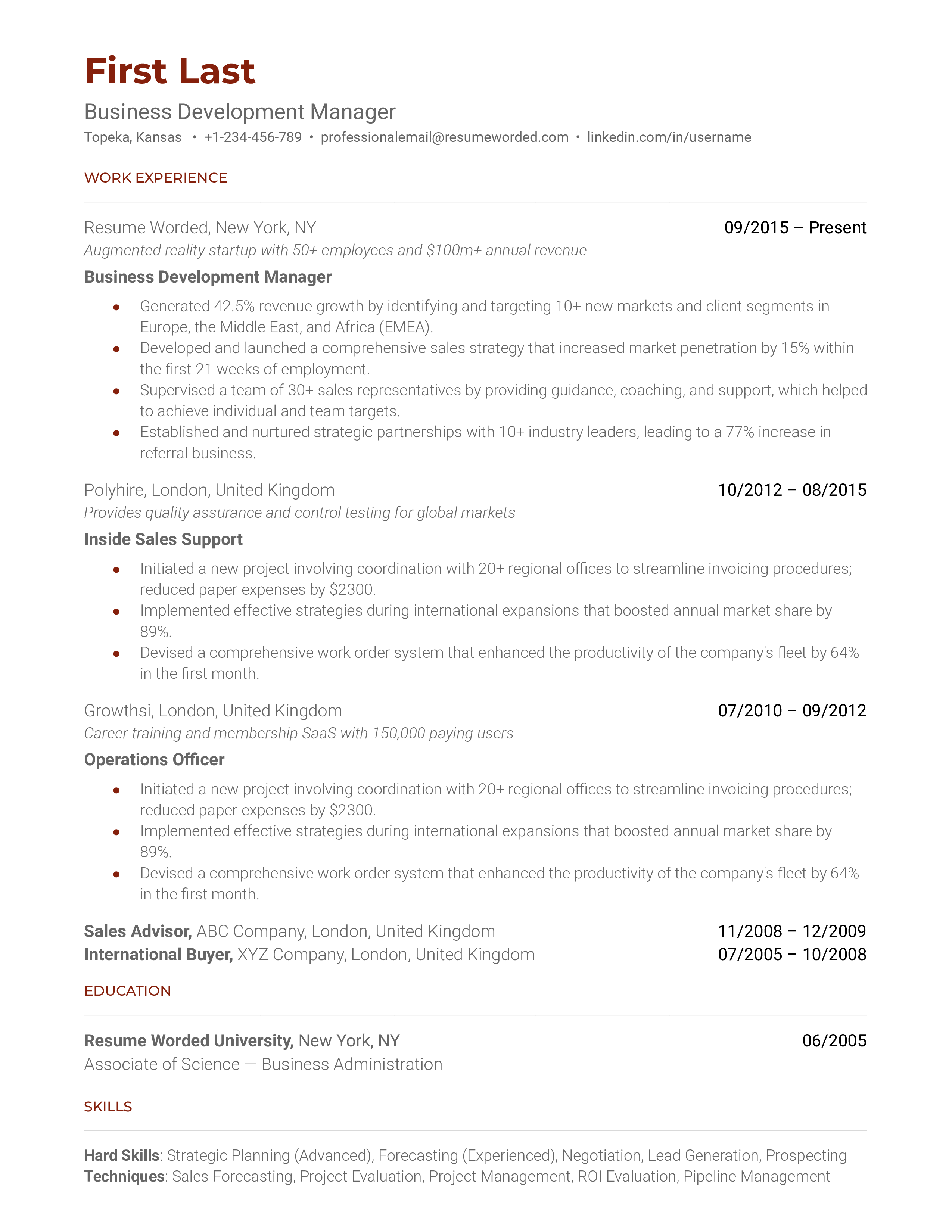 Business Development Manager Resume Sample