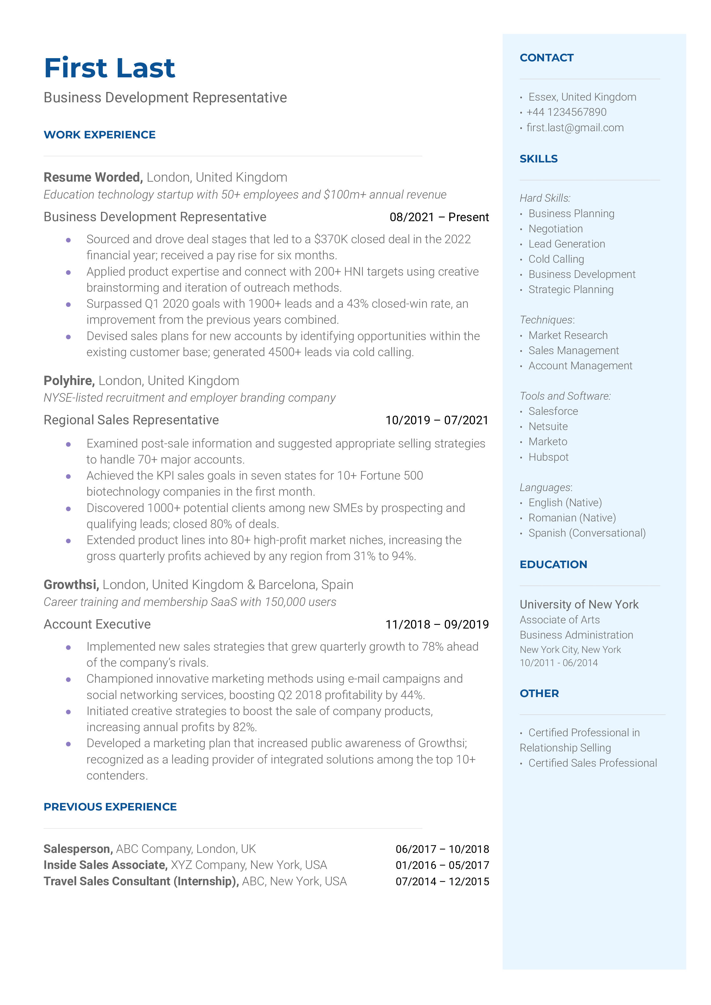 Business Development Representative Resume Sample