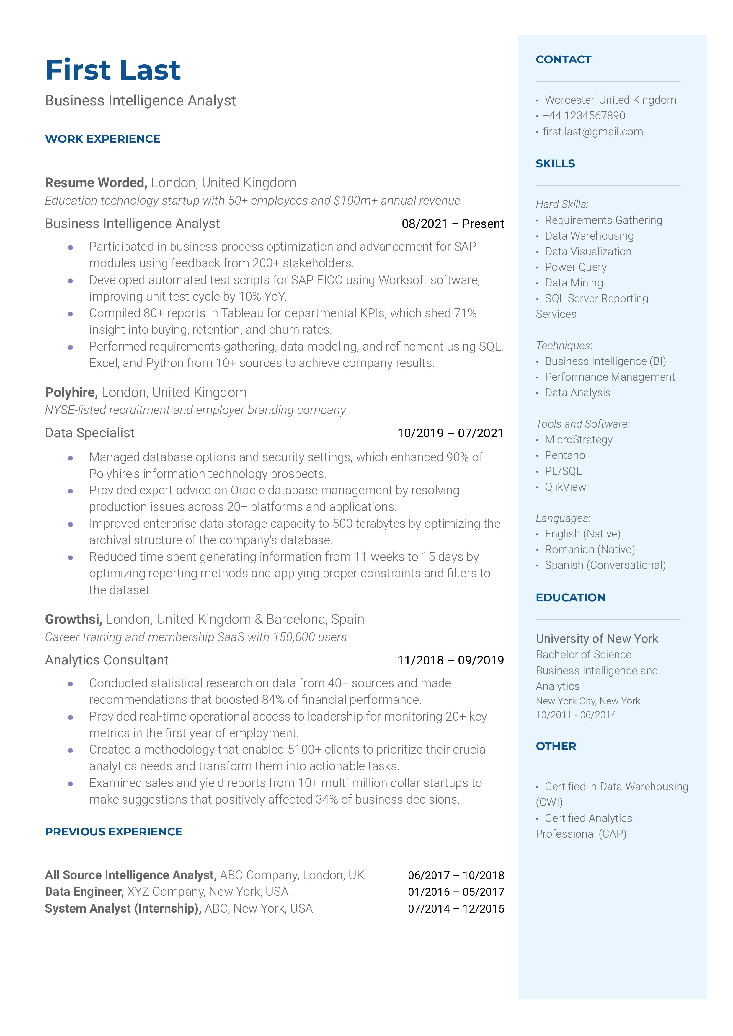 Business Intelligence Analyst Resume Sample