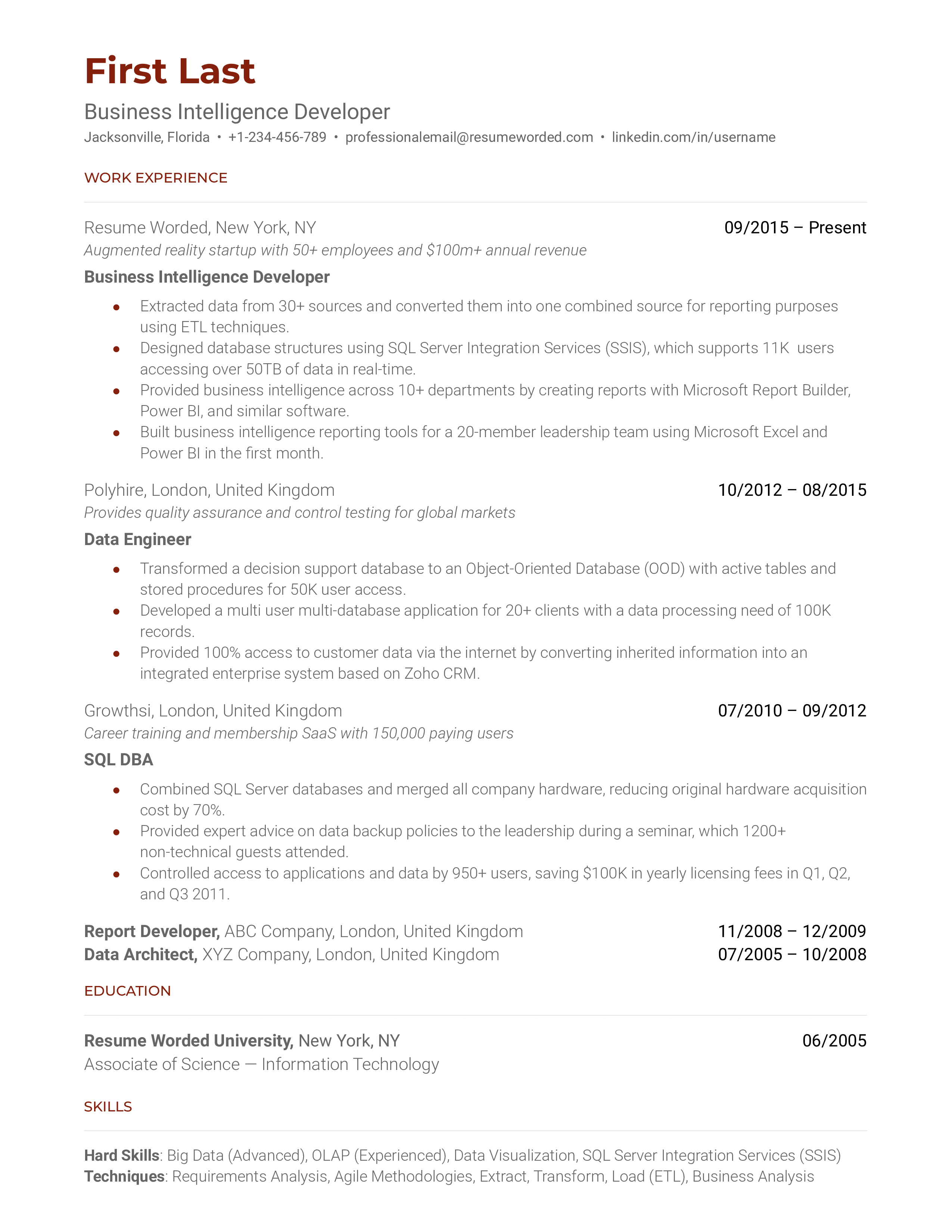  Business Intelligence Developer Resume Sample