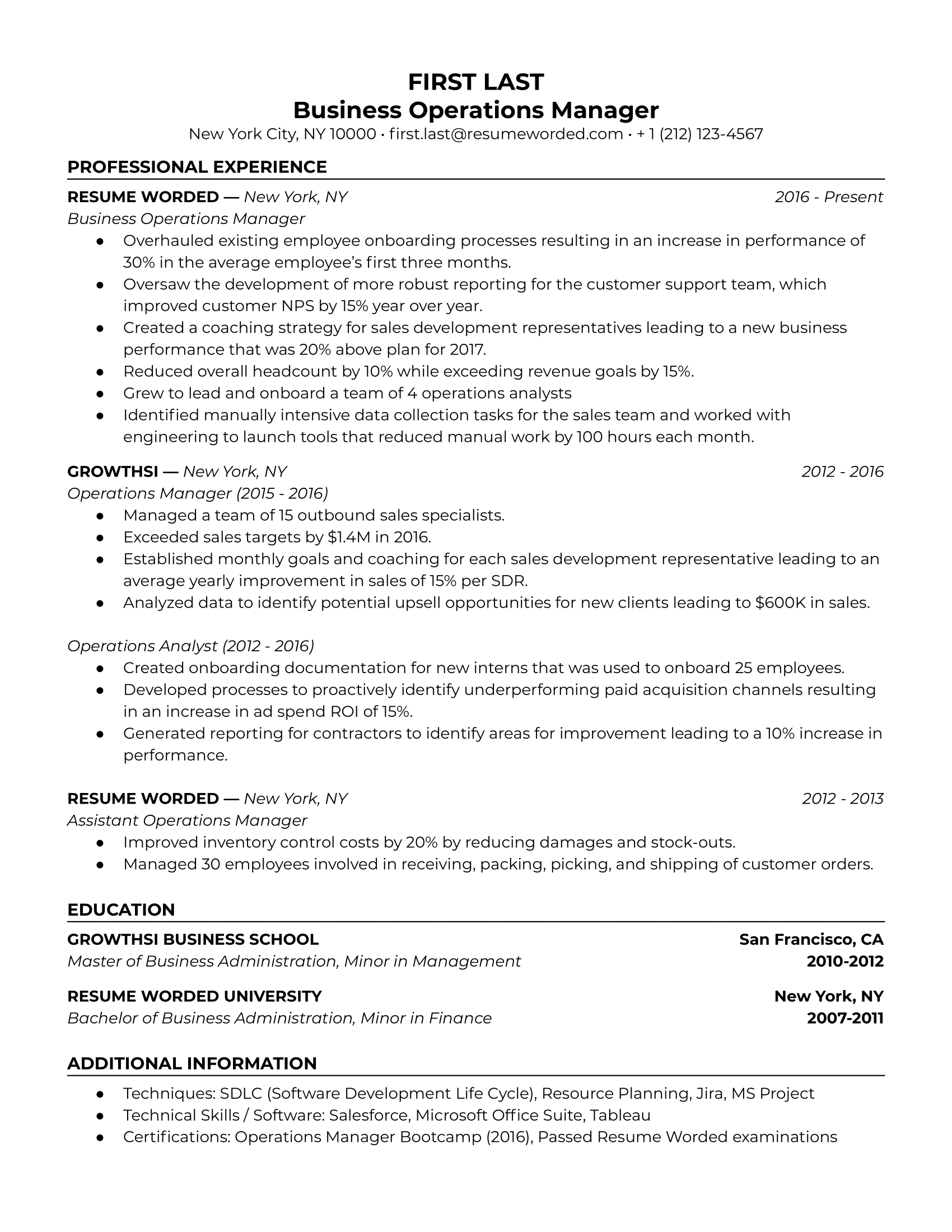 Business Operations Manager Resume Sample