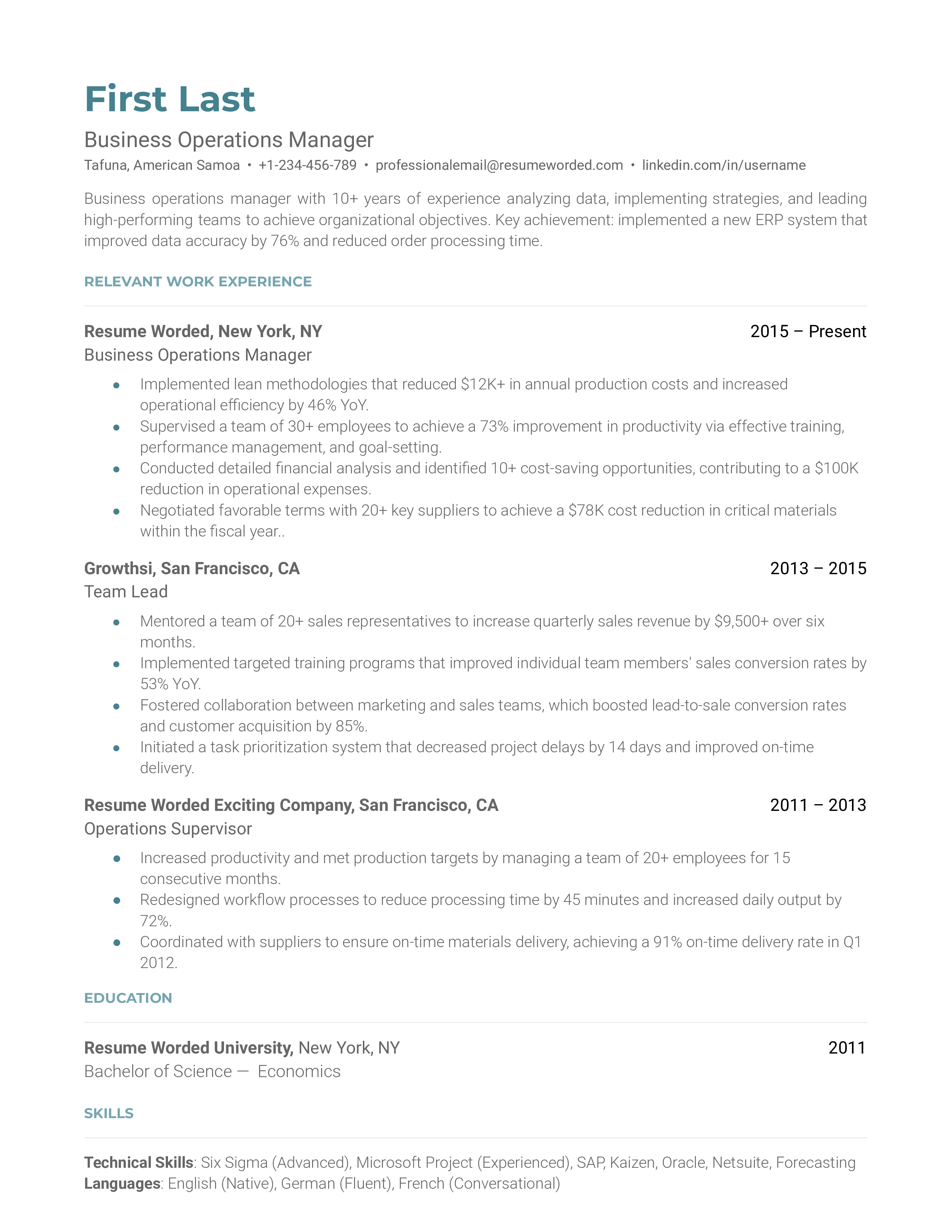 Business Operations Manager Resume Sample