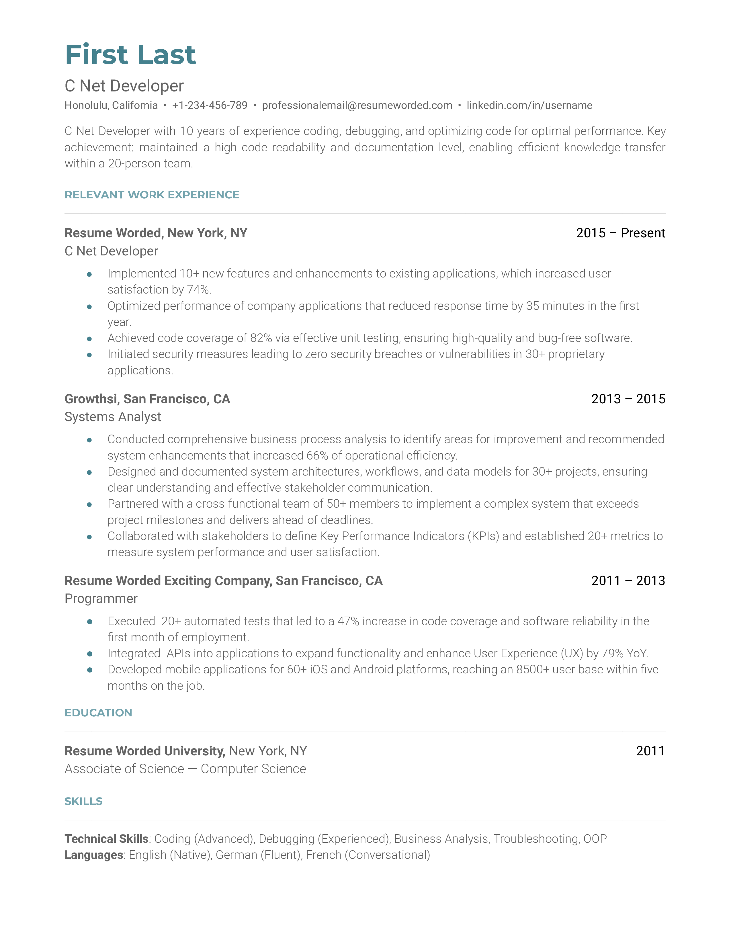 C Net Developer Resume Sample