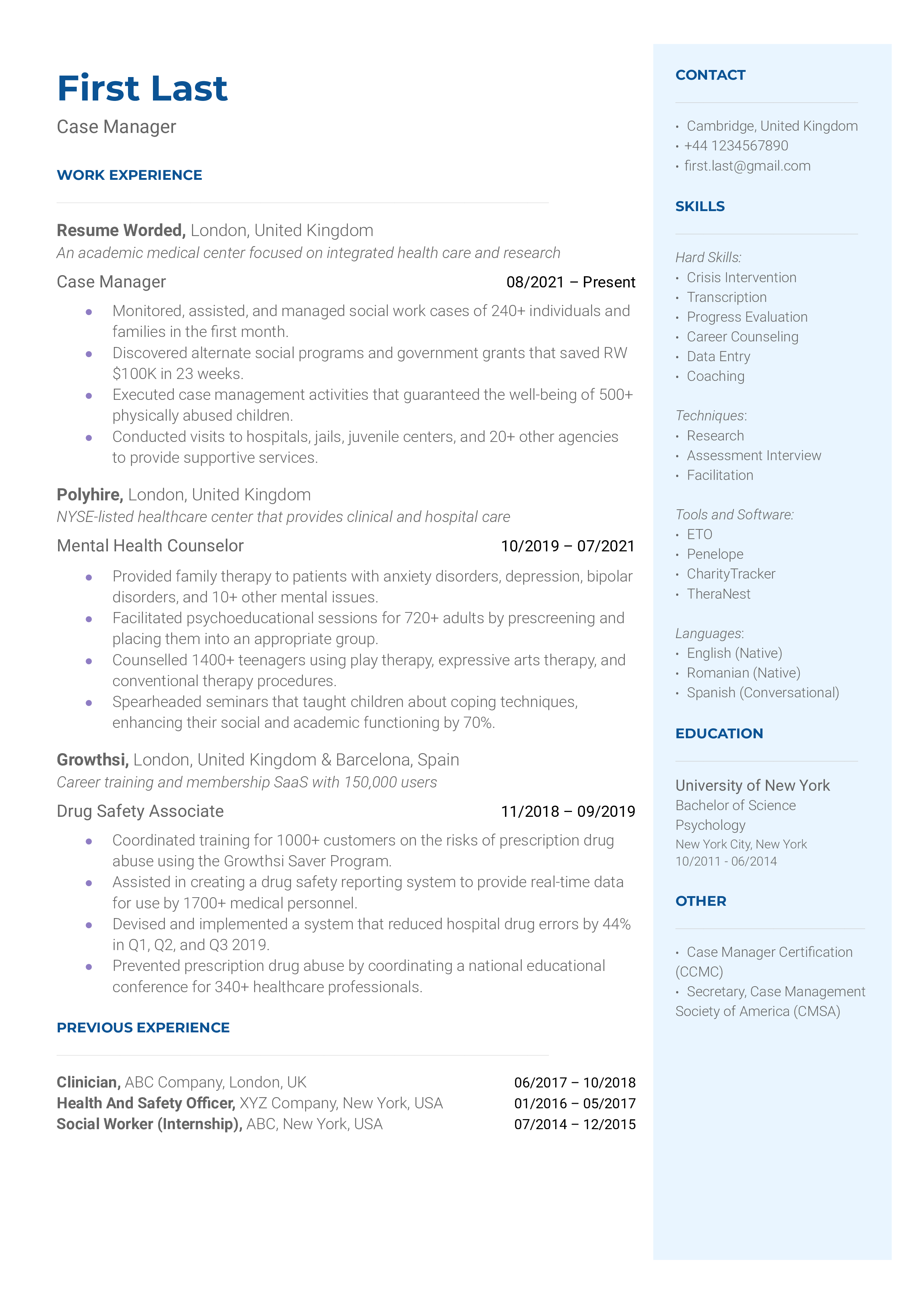 Case Manager Resume Sample