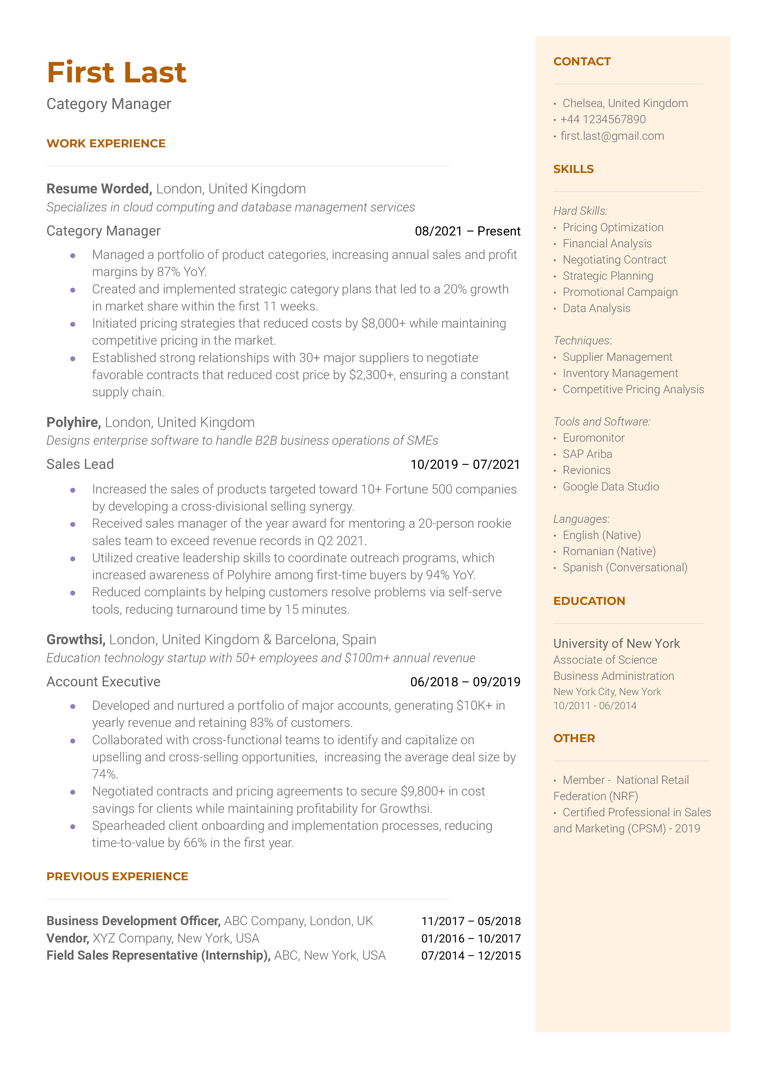 Category Manager Resume Sample