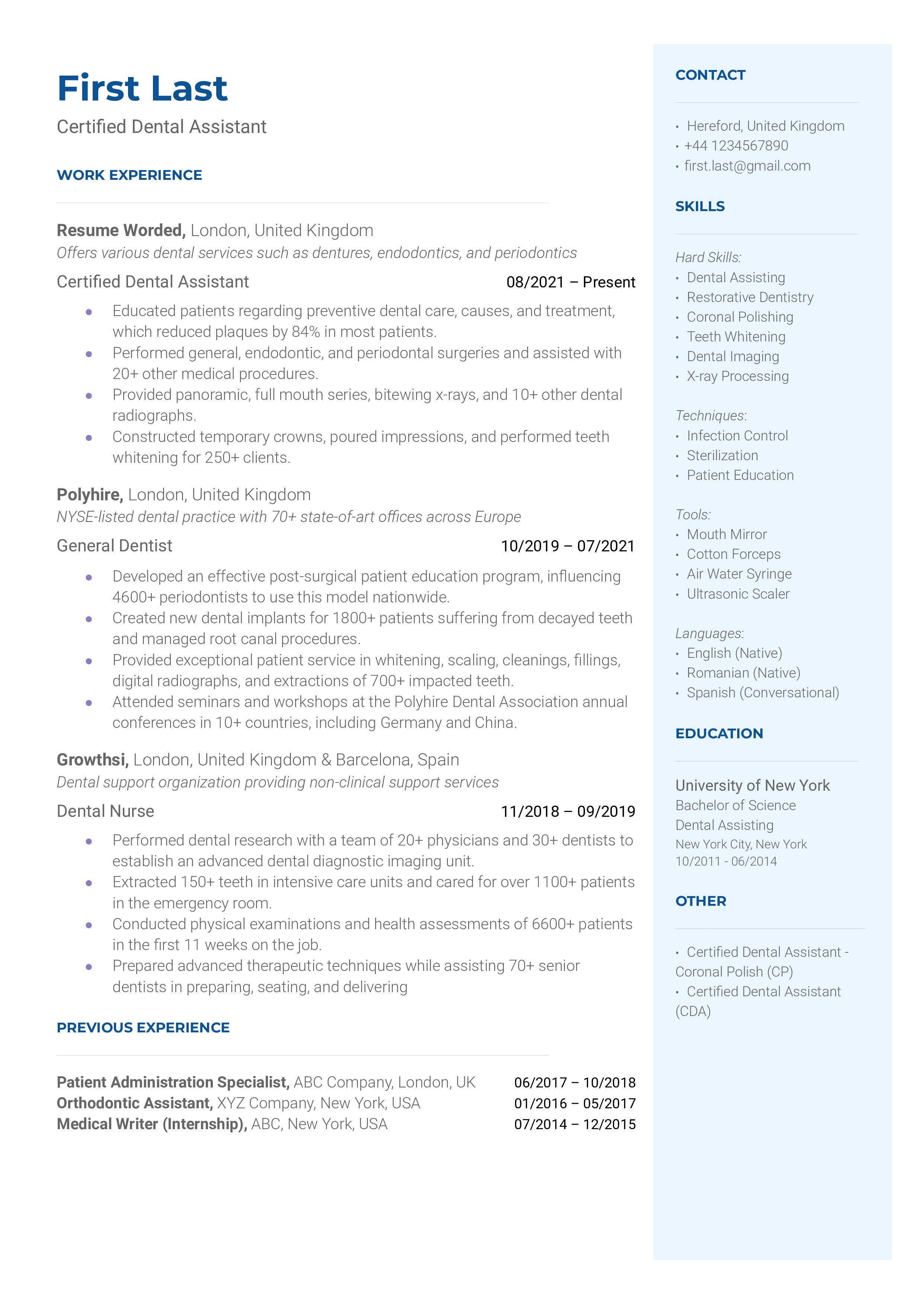Certified Dental Assistant Resume Sample