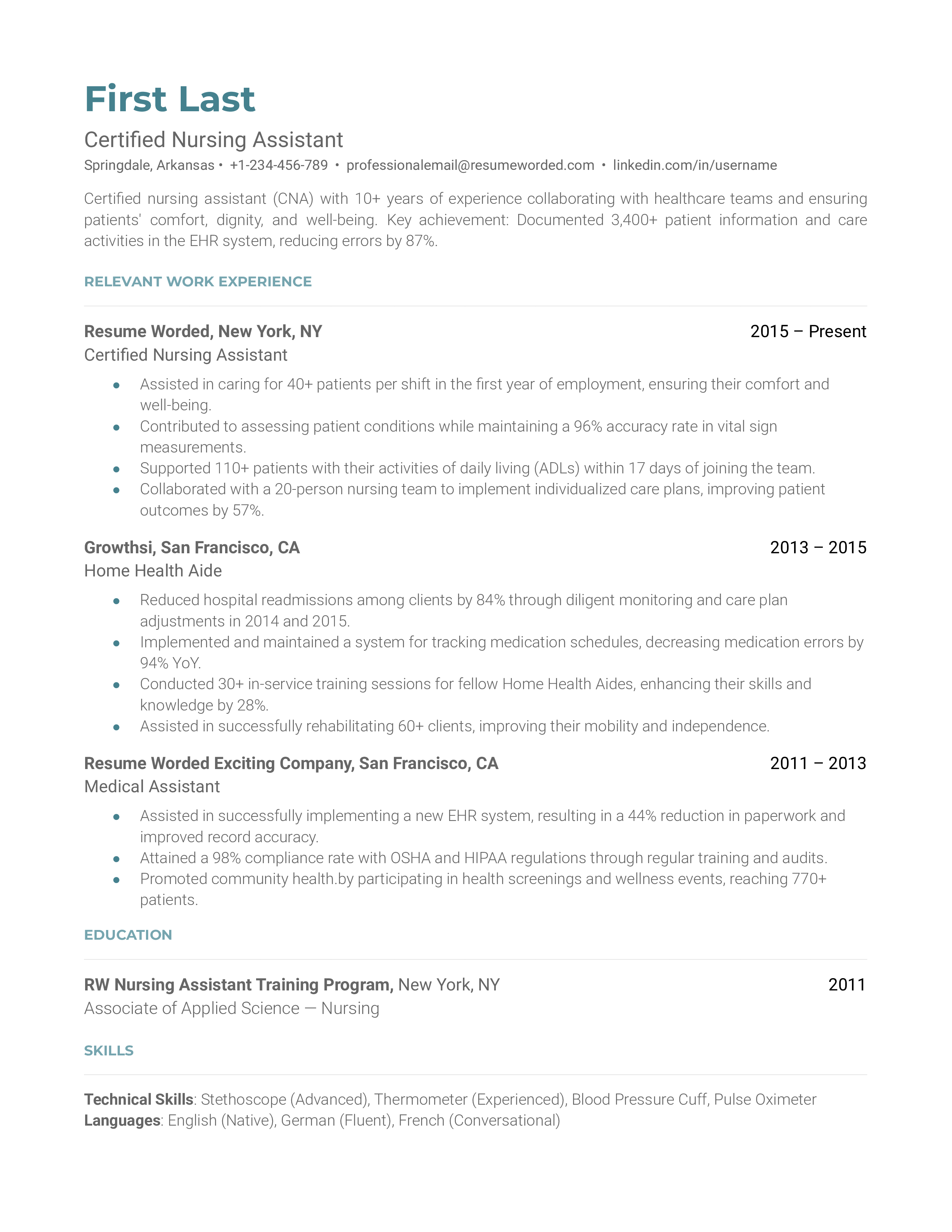 Certified Nursing Assistant Resume Sample