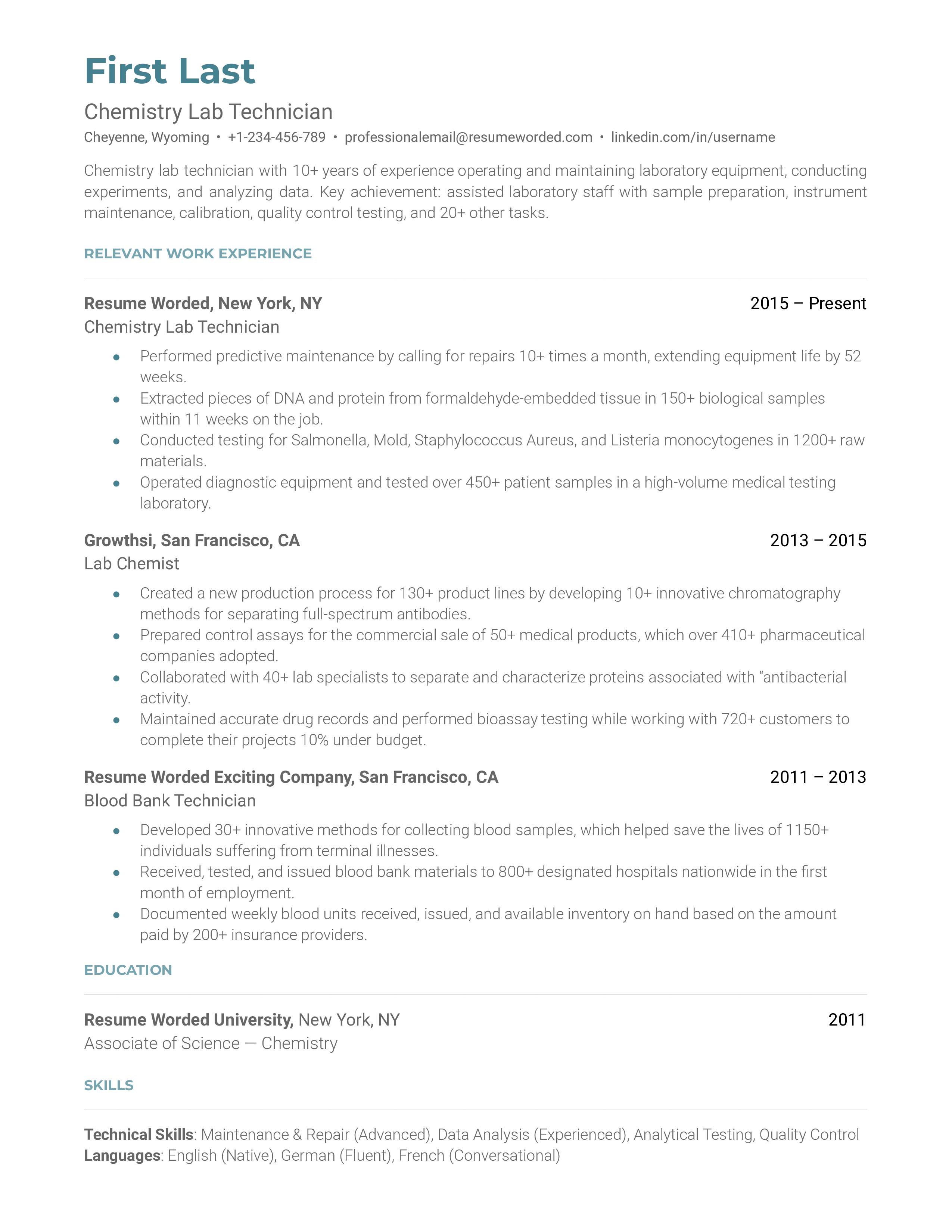  Chemistry Lab Technician Resume Sample