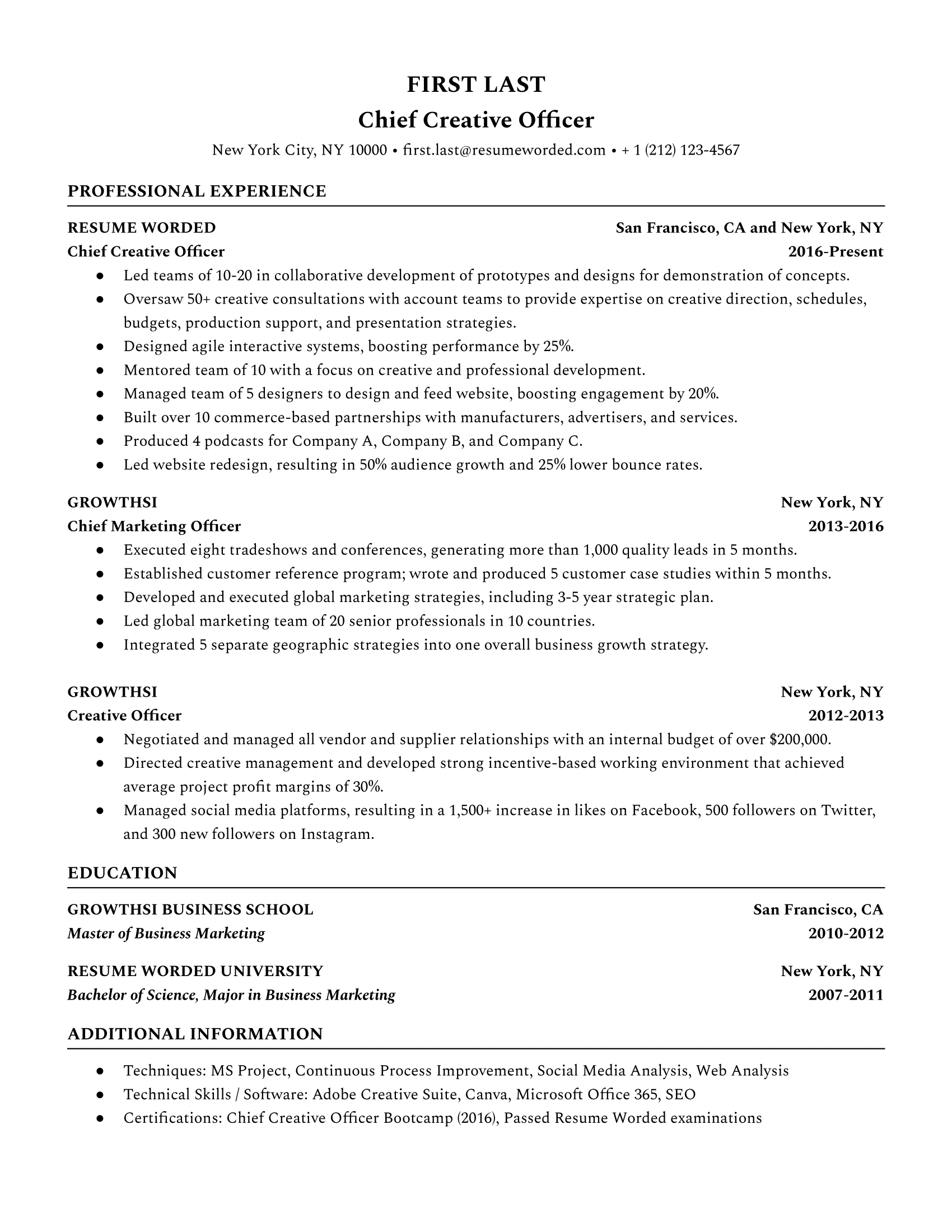 Chief Creative Officer Resume Sample