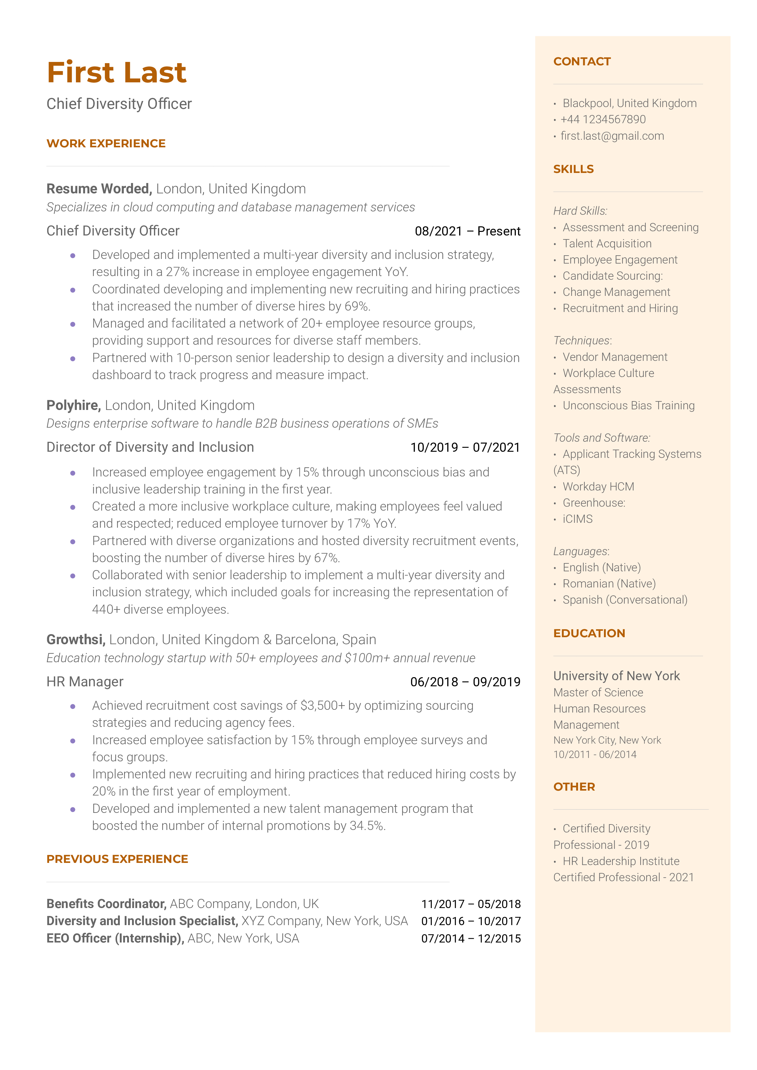 Chief Diversity Officer Resume Sample