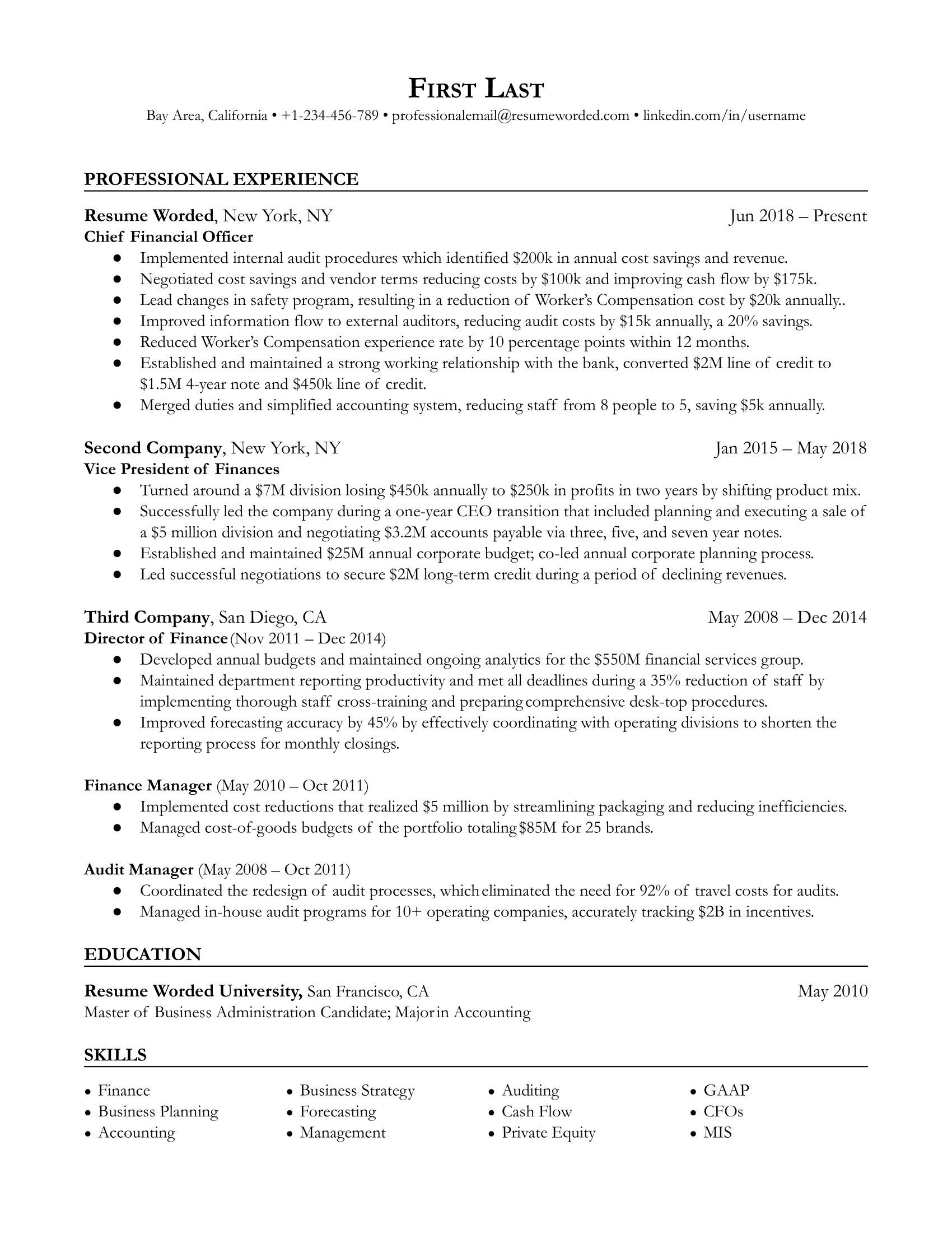 Chief Financial Officer (CFO) - 2 Resume Sample
