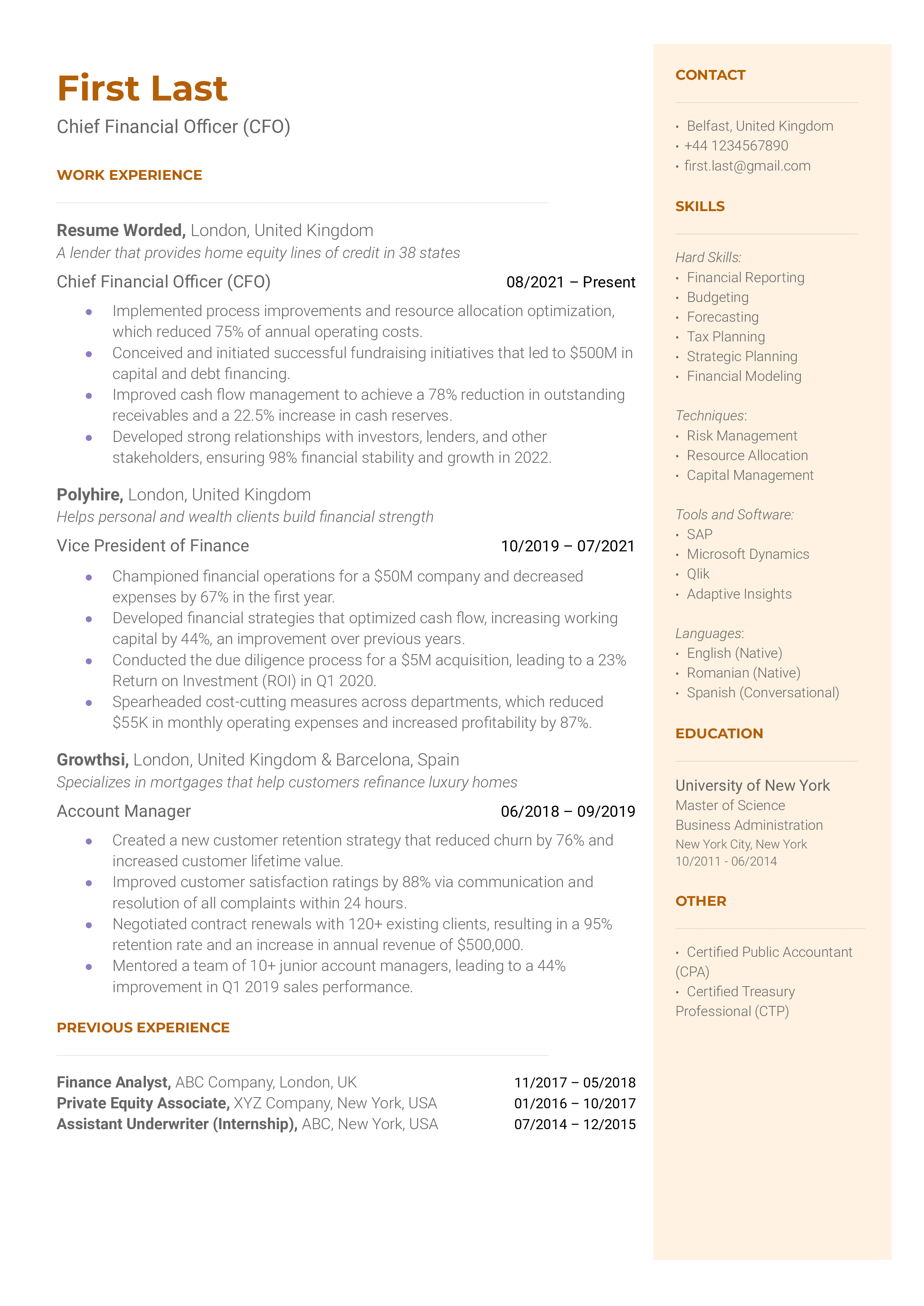 Chief Financial Officer (CFO) Resume Sample