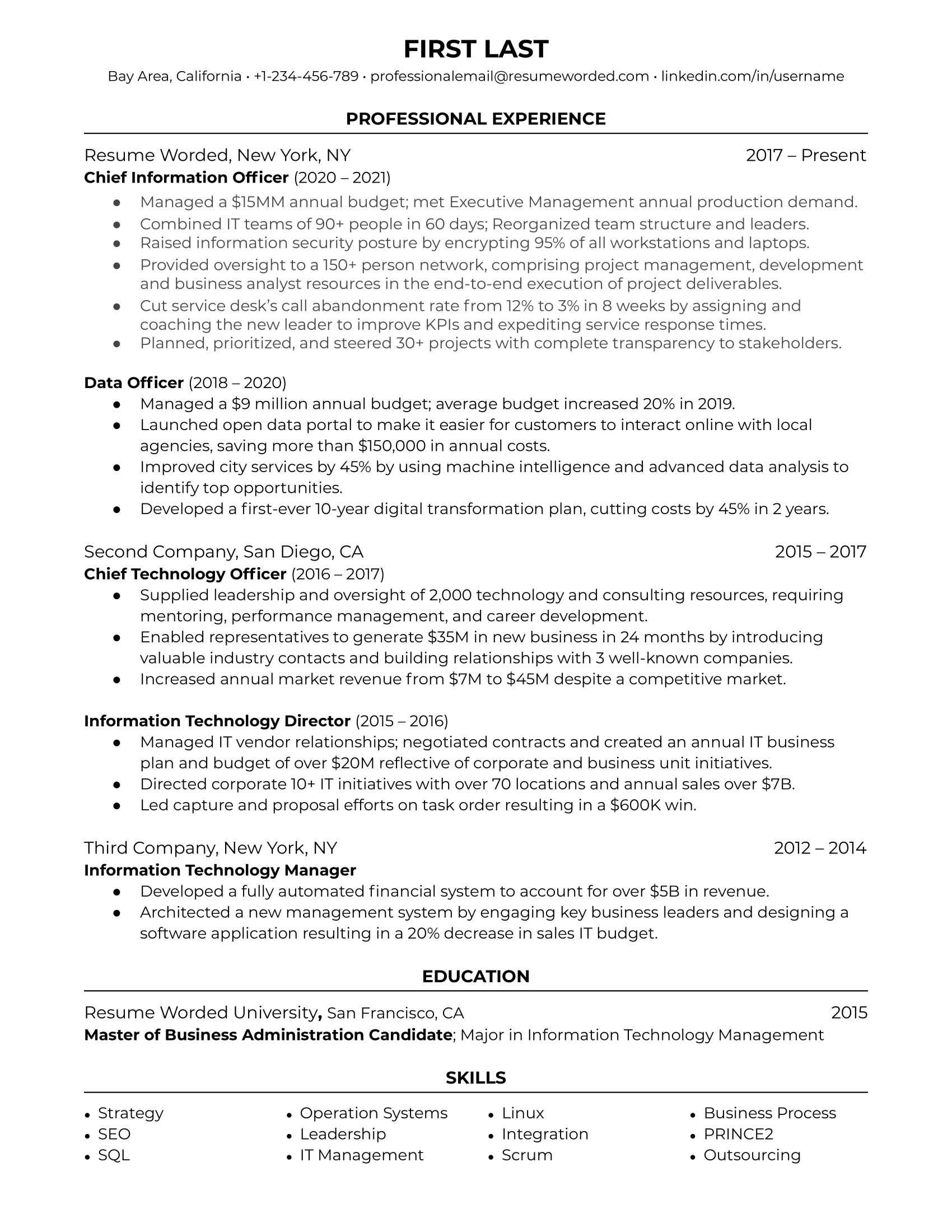 Chief Information Officer (CIO) - 2 Resume Sample