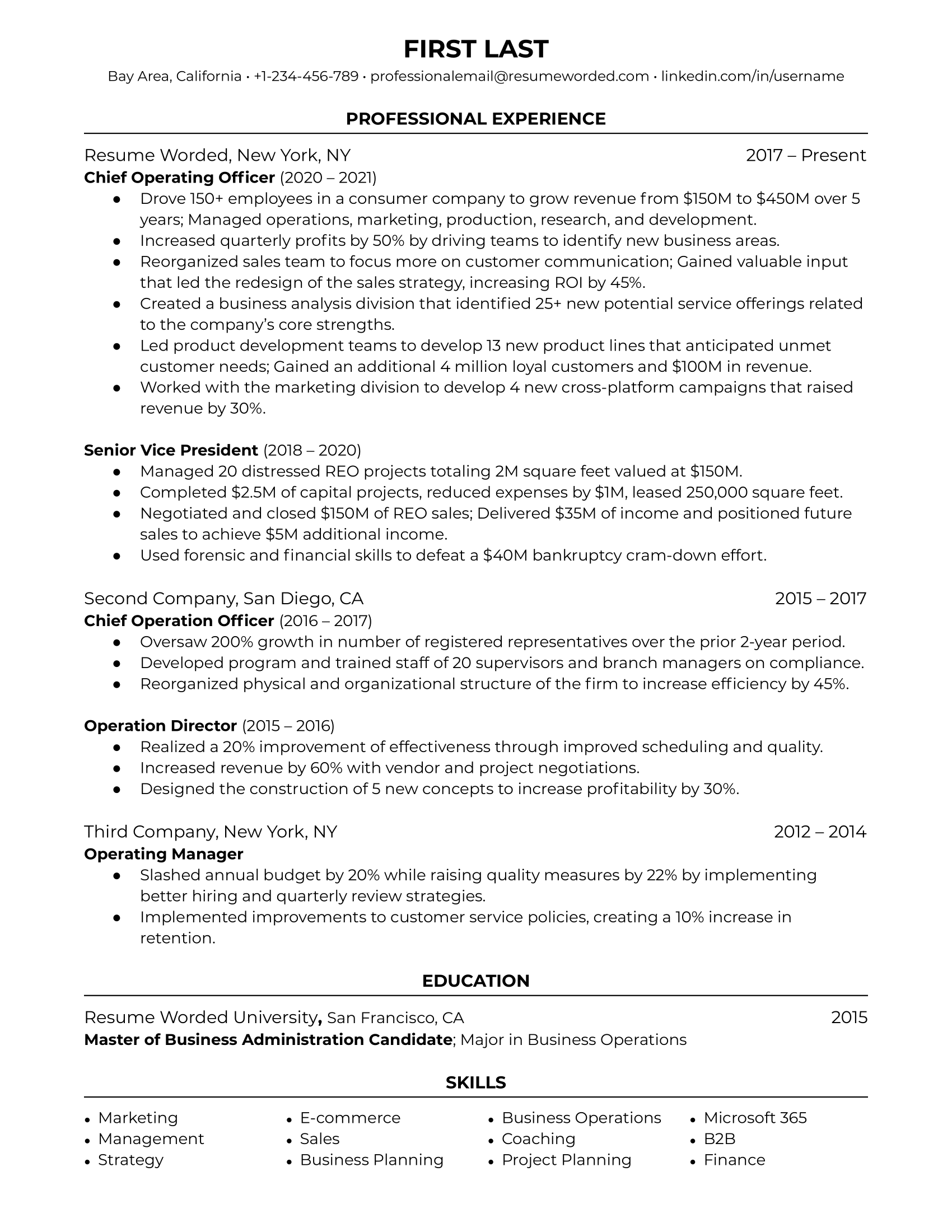 Chief Operating Officer (COO) - 2 Resume Sample