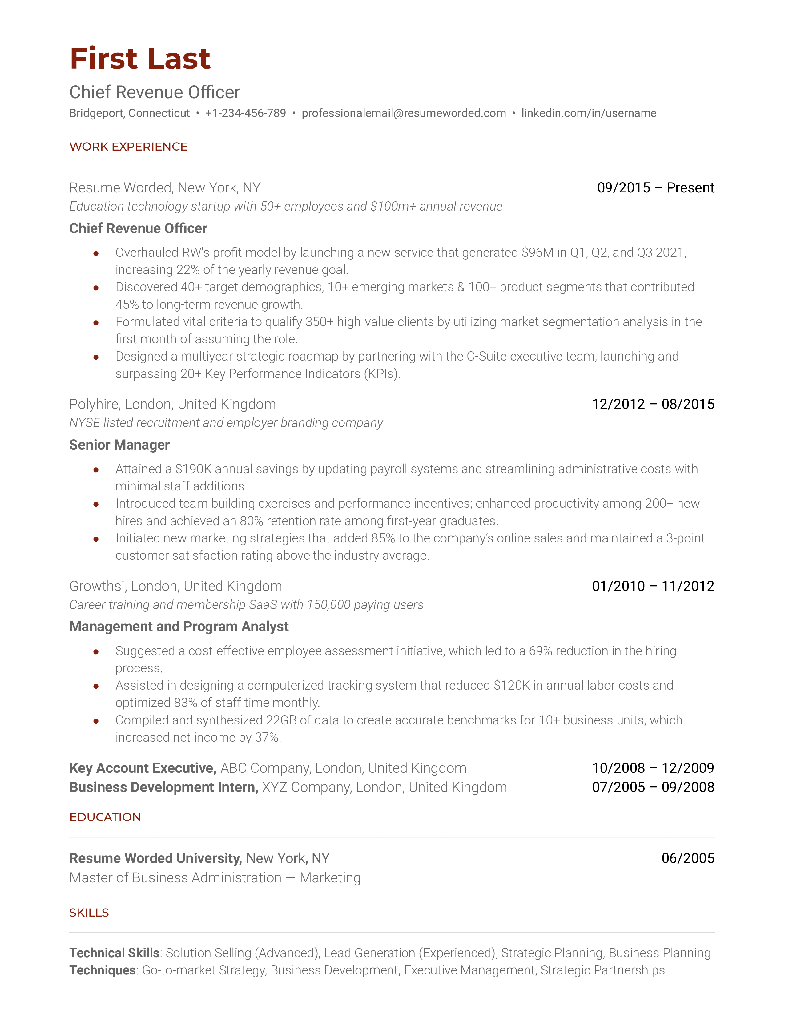 Chief Revenue Officer Resume Sample