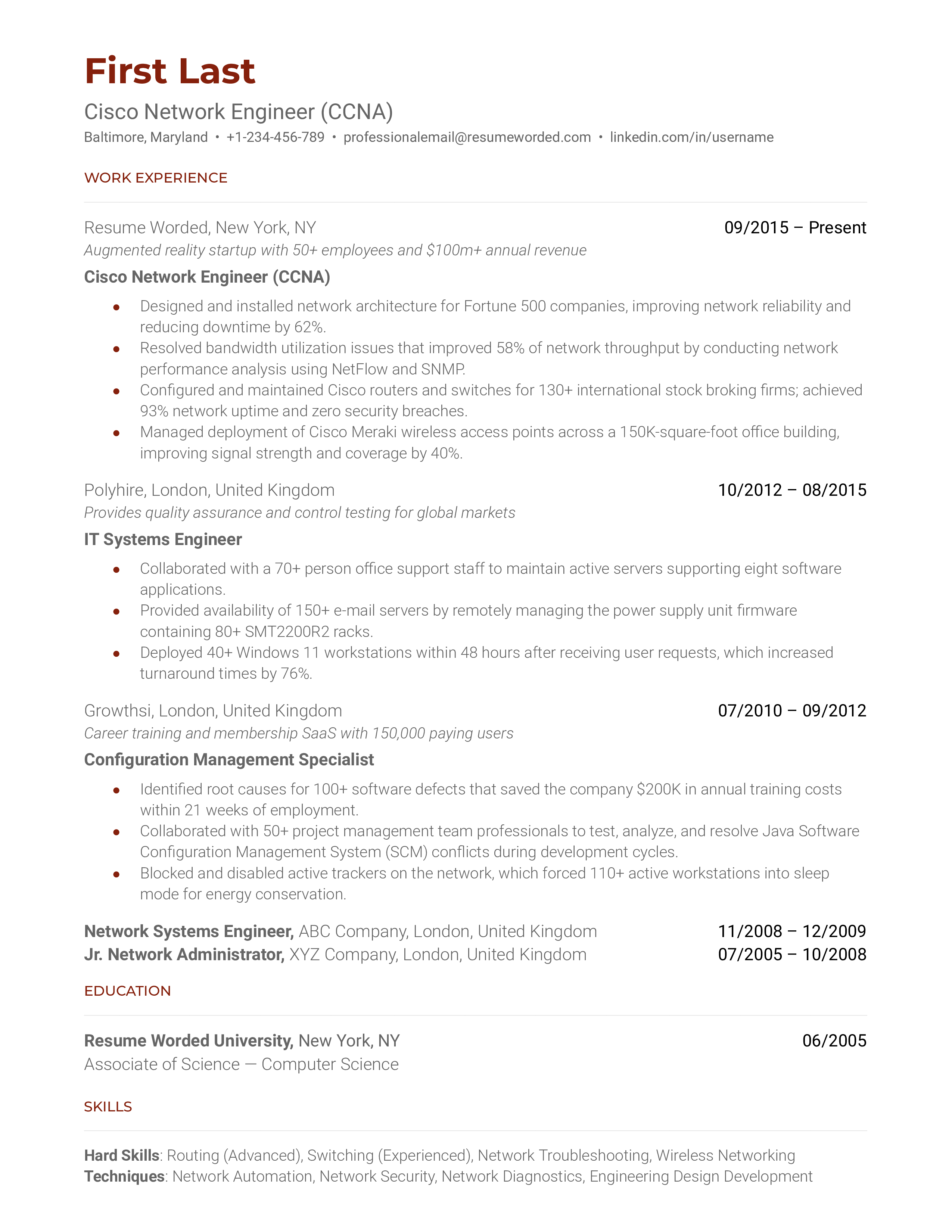 Cisco Network Engineer (CCNA) Resume Sample