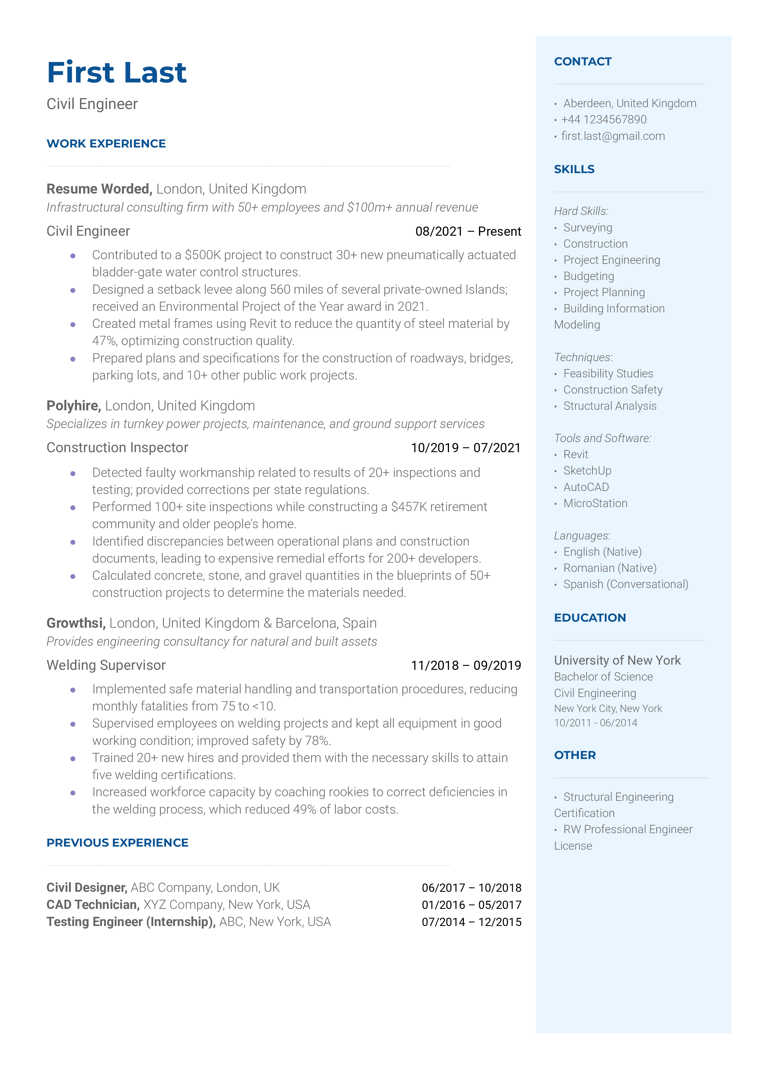Civil Engineer Resume Sample