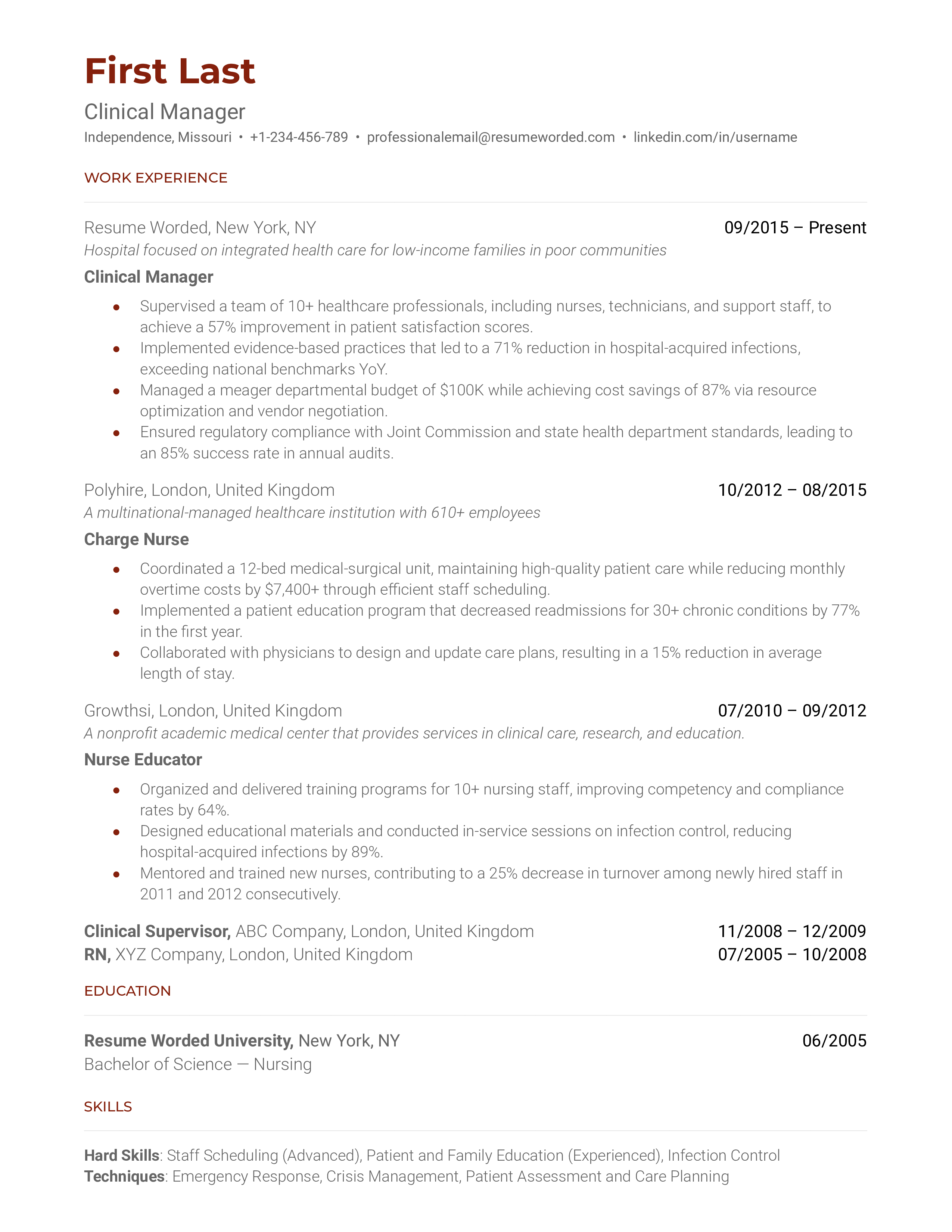 Clinical Manager Resume Sample