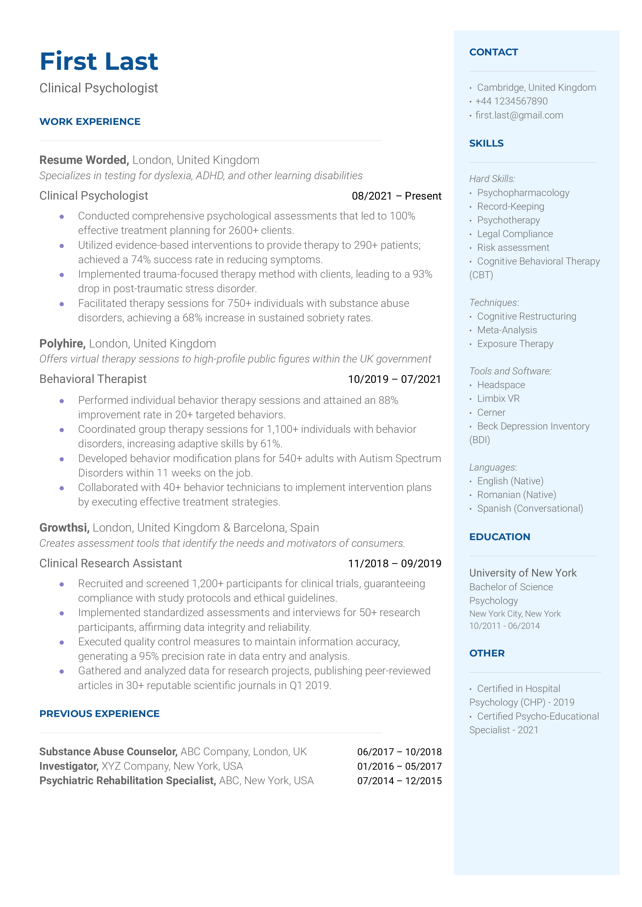Clinical Psychologist Resume Sample